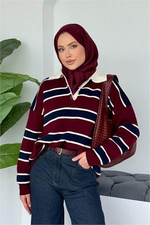 Yakalı Pike Çizgili Kazak Bordo