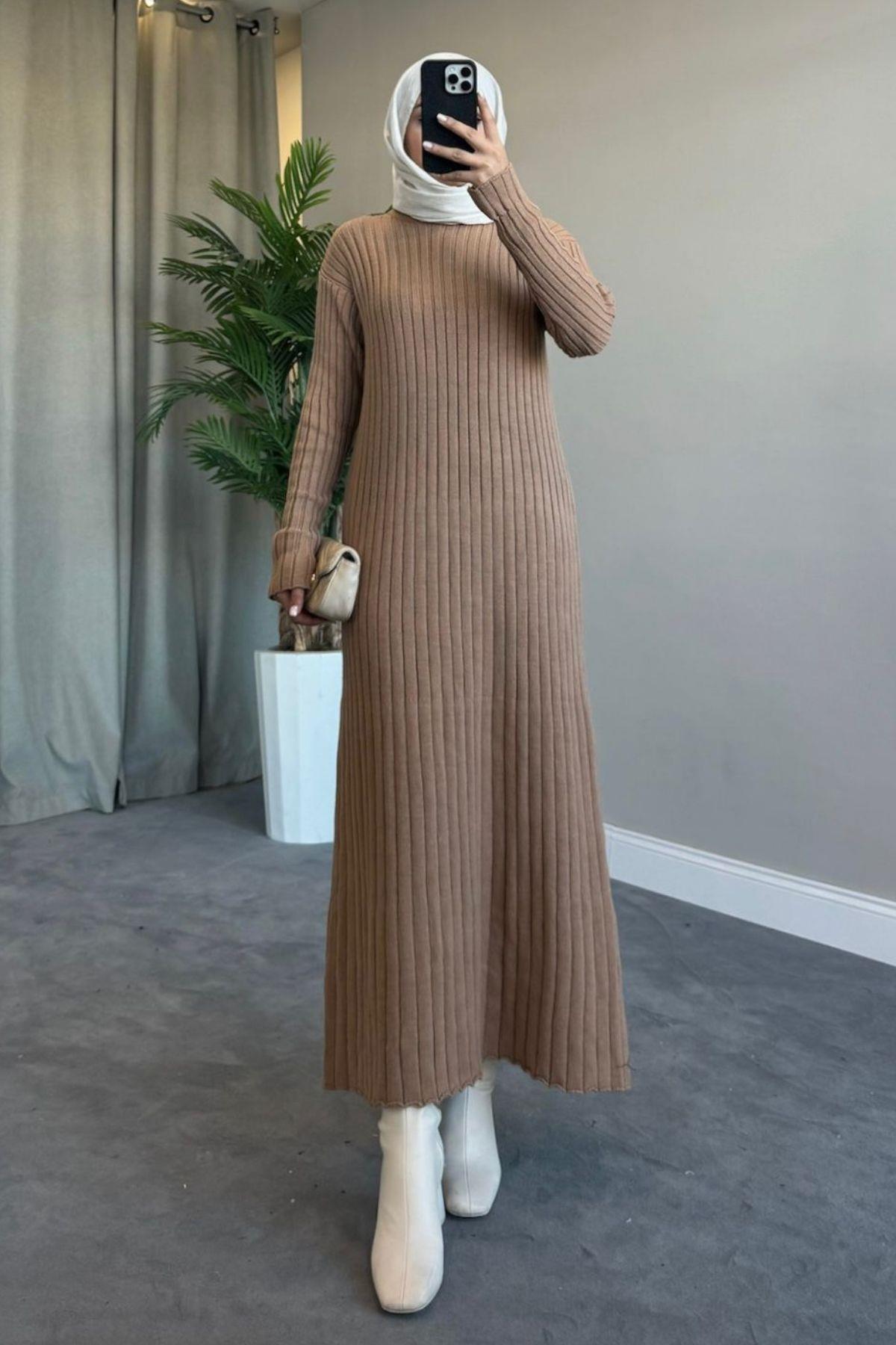 Ahsen Triko Elbise Camel – Haza Moda | Tesettür Giyim