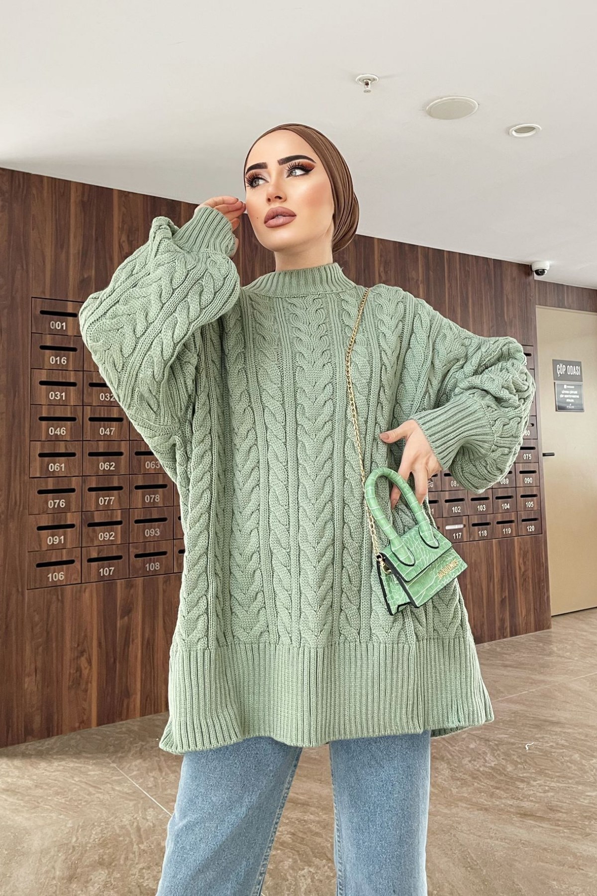 Balon Kol Örgü Kazak Mint – Haza Moda | Tesettür Giyim