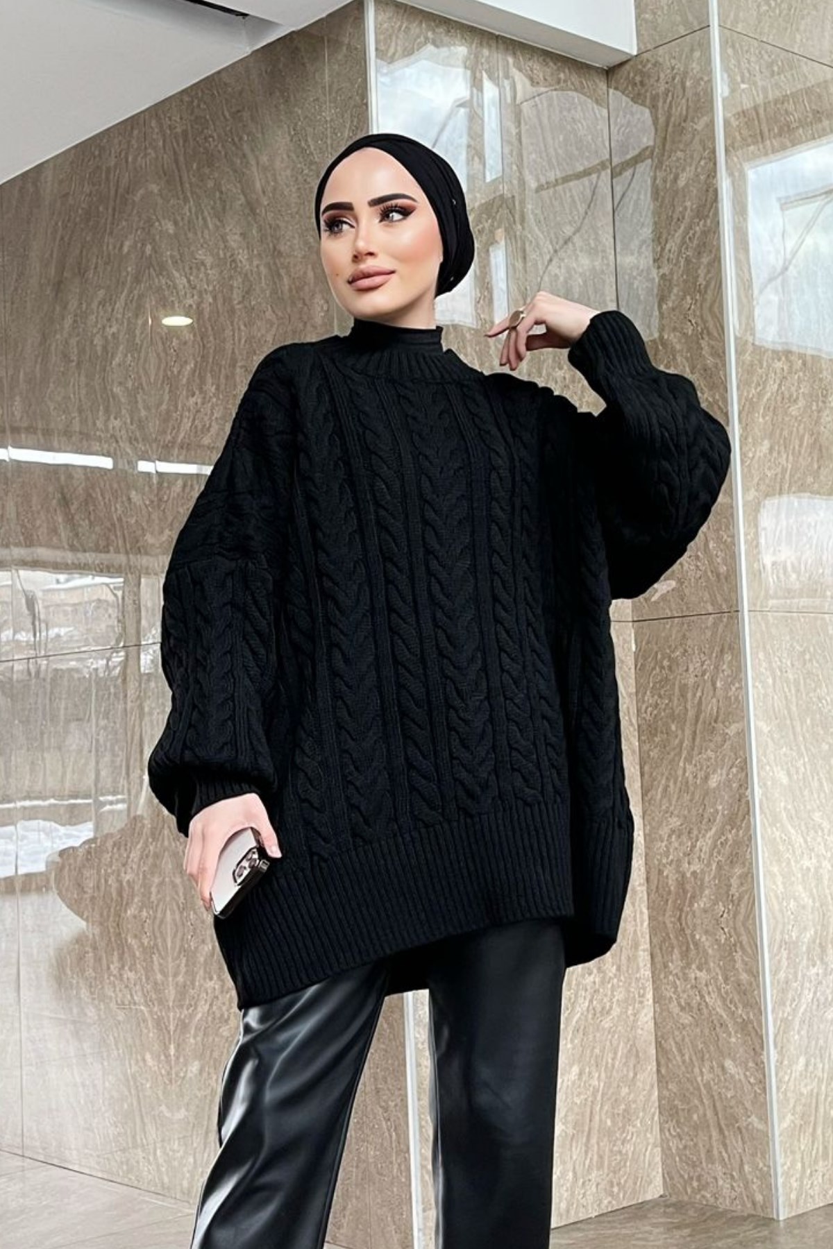 Balon Kol Örgü Kazak Siyah – Haza Moda | Tesettür Giyim