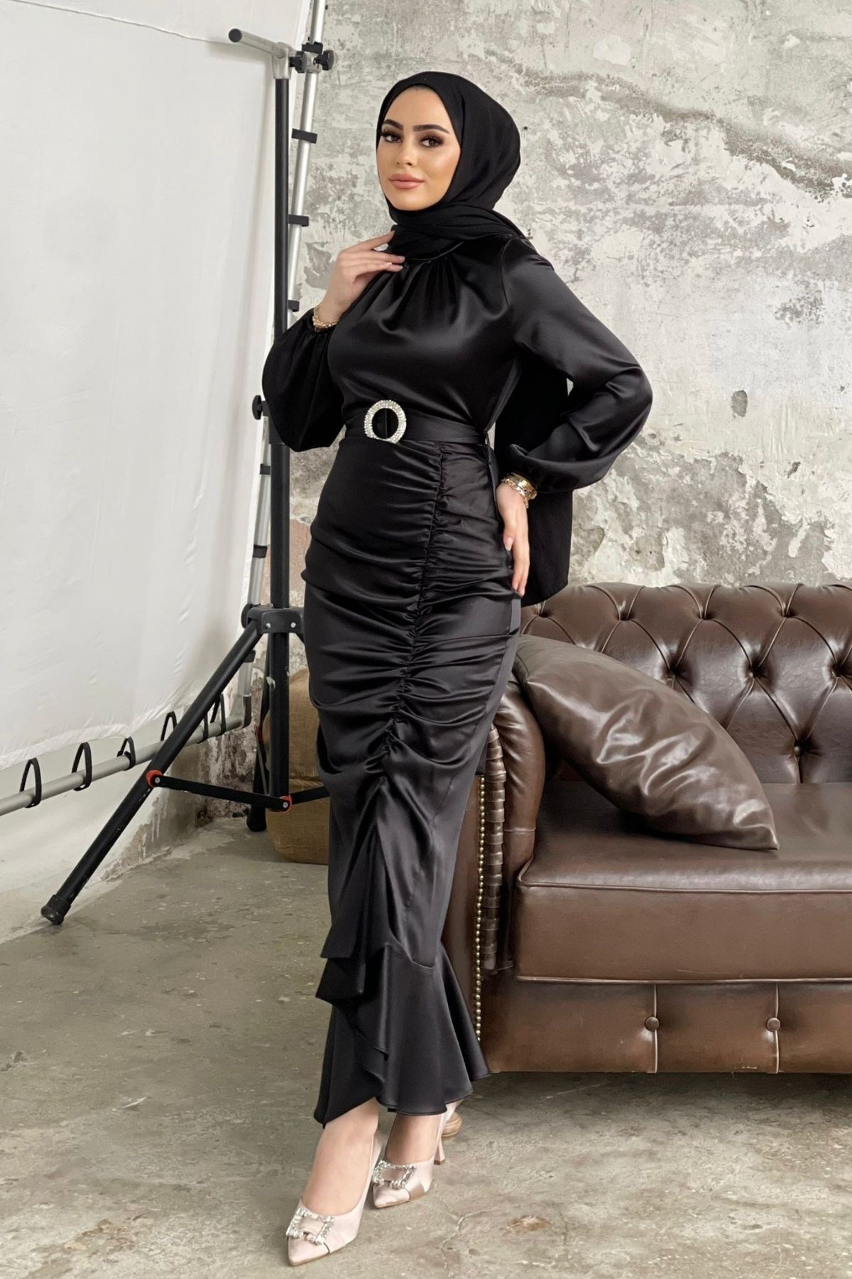 Büzgü Detay Abiye Siyah – Haza Moda | Tesettür Giyim