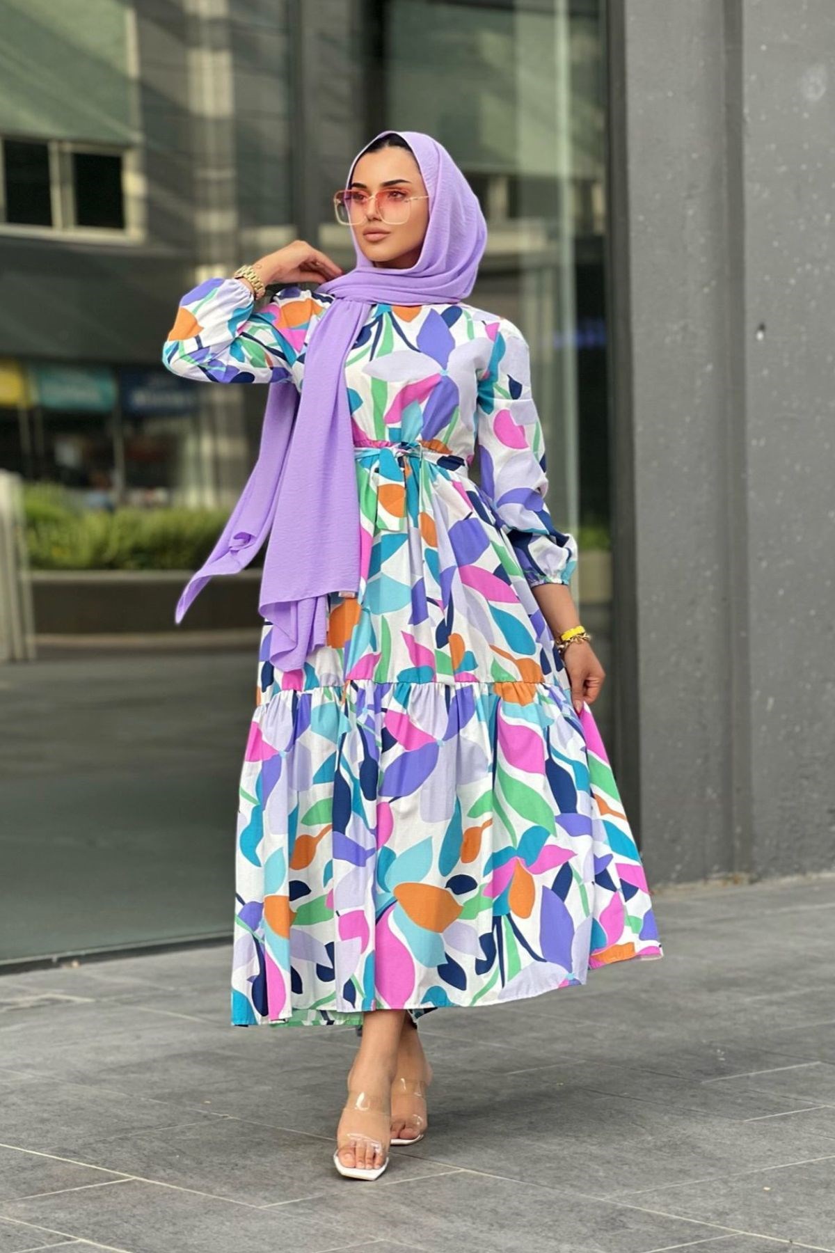 Çiçekli Cotton Elbise Lila – Haza Moda | Tesettür Giyim