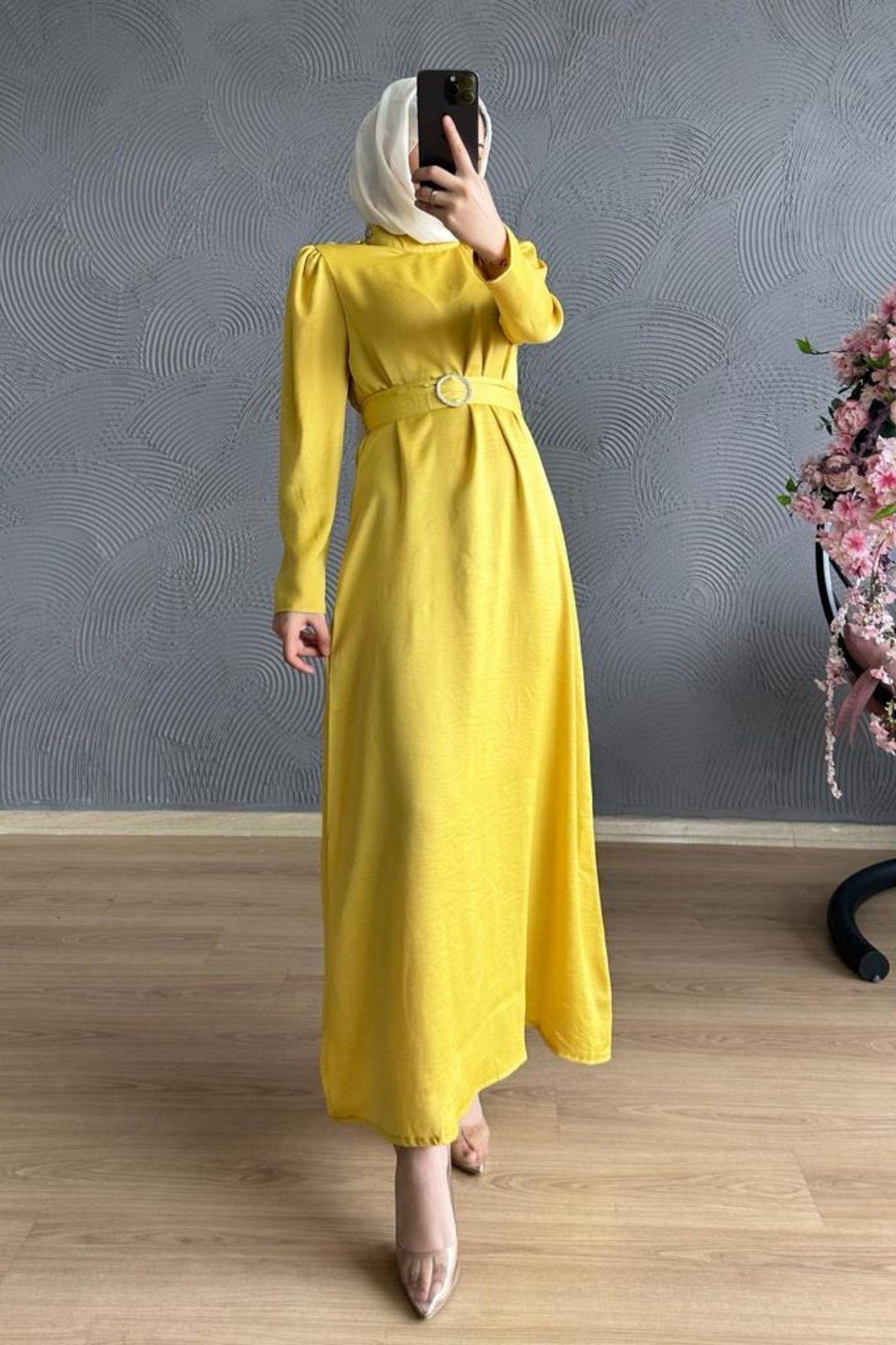 Haza Moda Tesett r Giyim D z Kesim Ta l Saten Elbise Sar 
