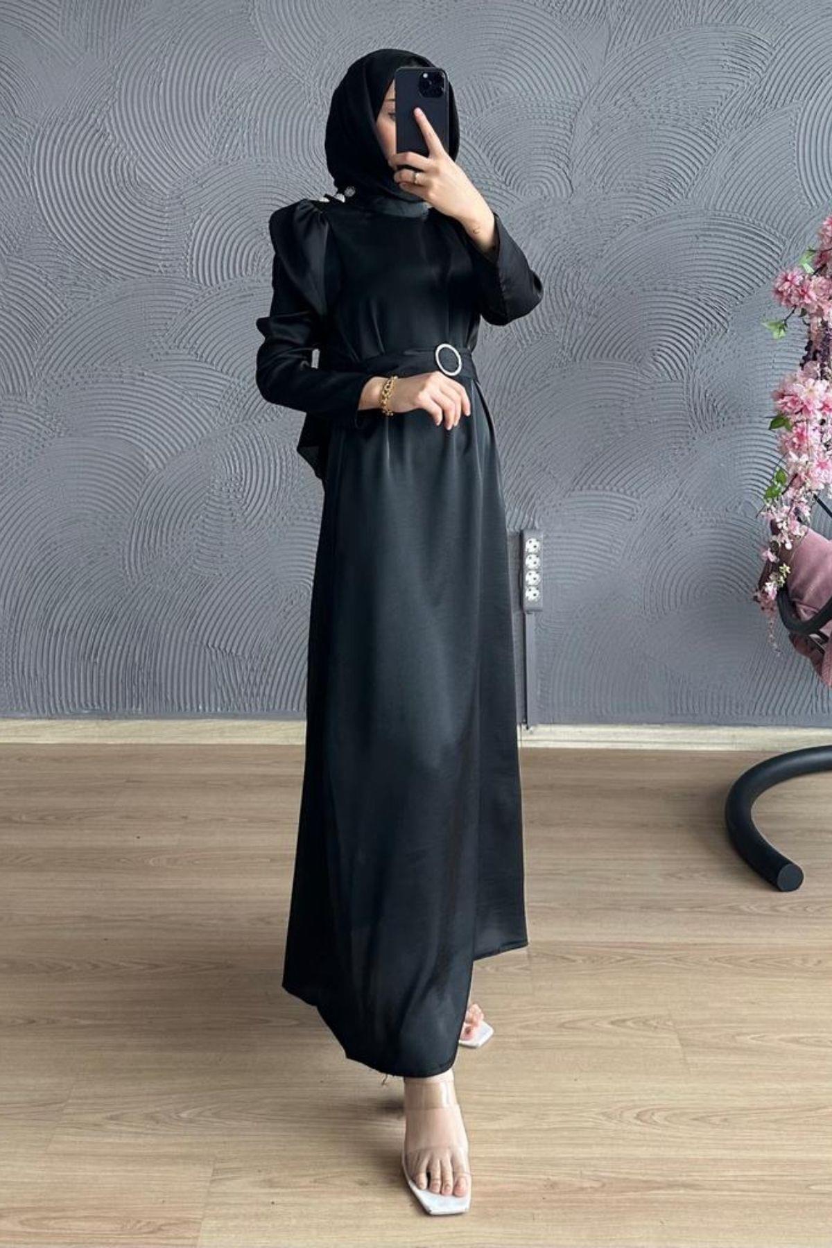 Düz Kesim Taşlı Saten Elbise Siyah – Haza Moda | Tesettür Giyim