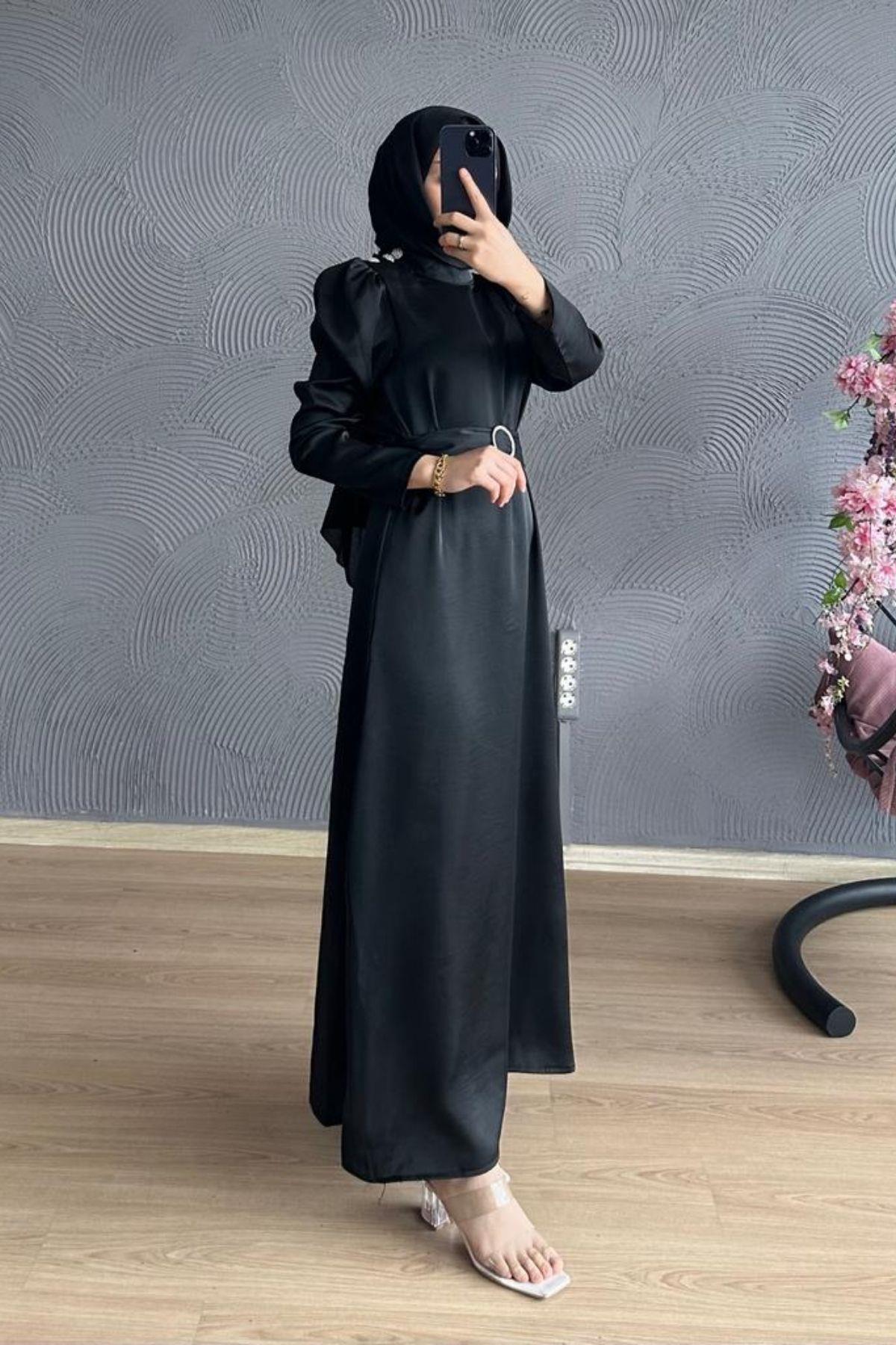 Düz Kesim Taşlı Saten Elbise Siyah – Haza Moda | Tesettür Giyim