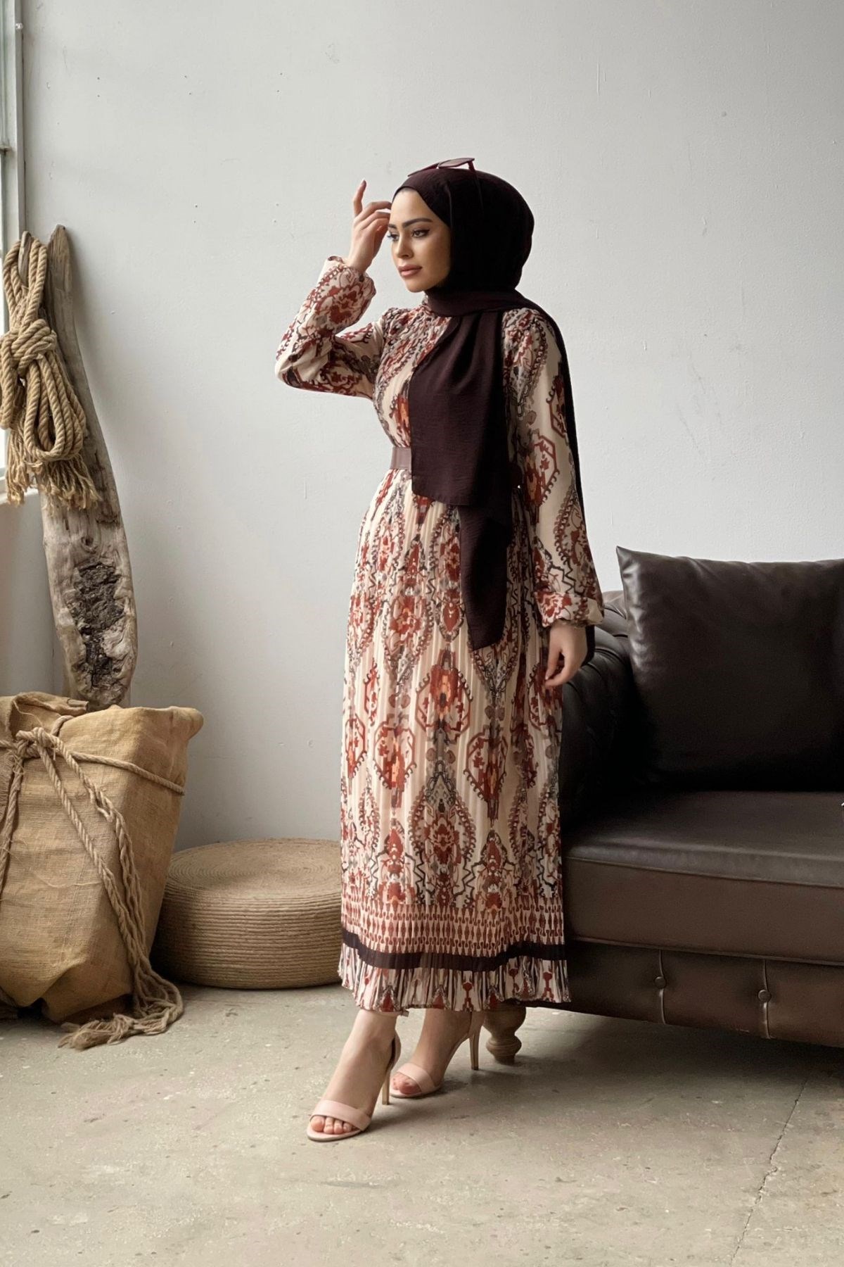 Etnik Desen Şifon Elbise Kahve – Haza Moda | Tesettür Giyim