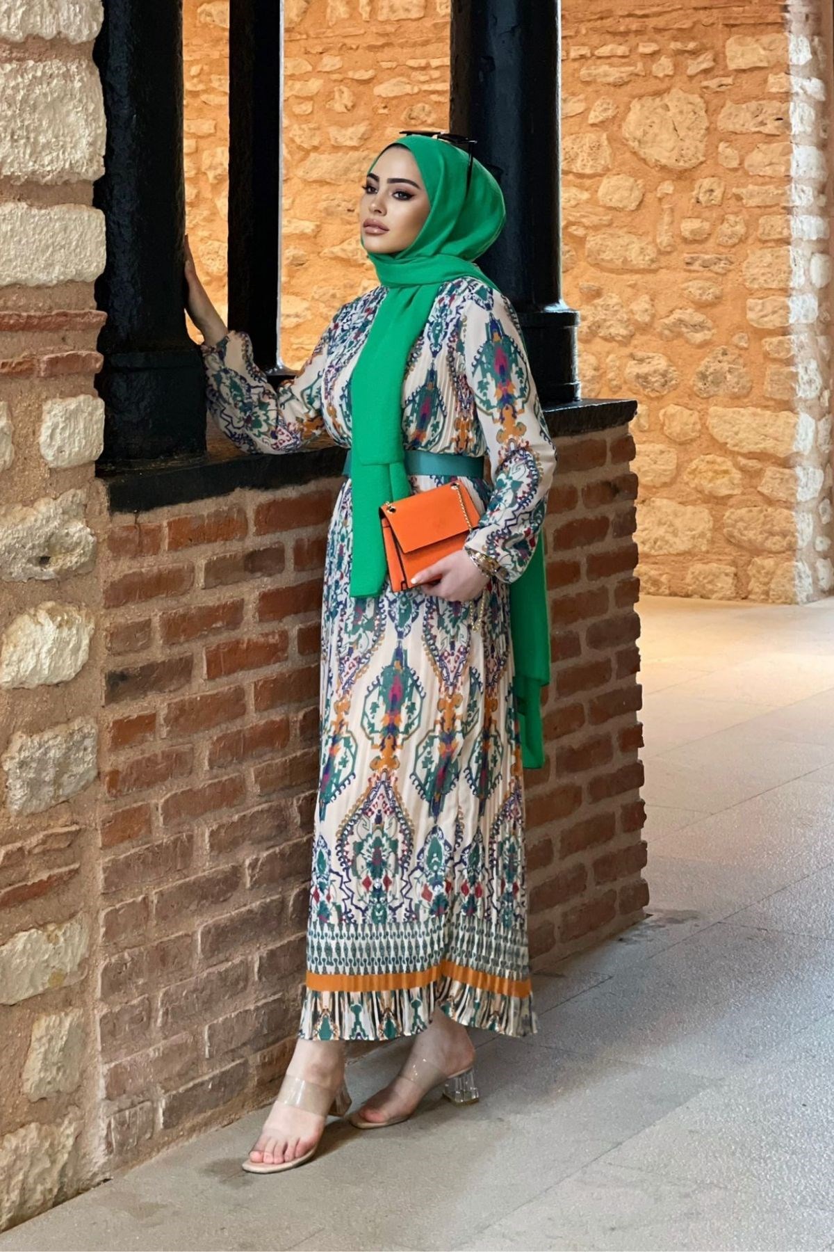 Etnik Desen Şifon Elbise Yeşil – Haza Moda | Tesettür Giyim