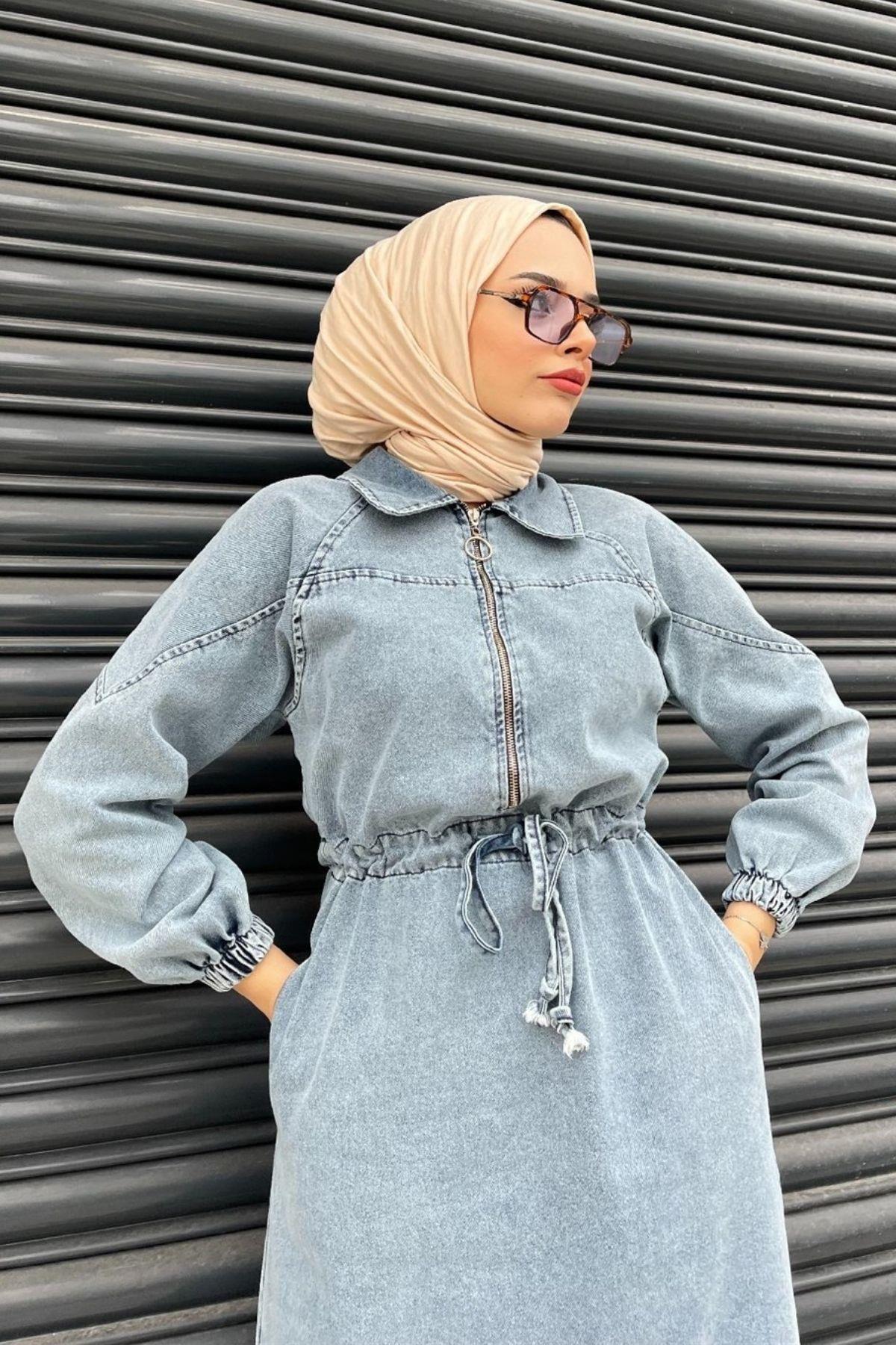 Fermuarlı Kot Elbise BUZ MAVİ – Haza Moda | Tesettür Giyim
