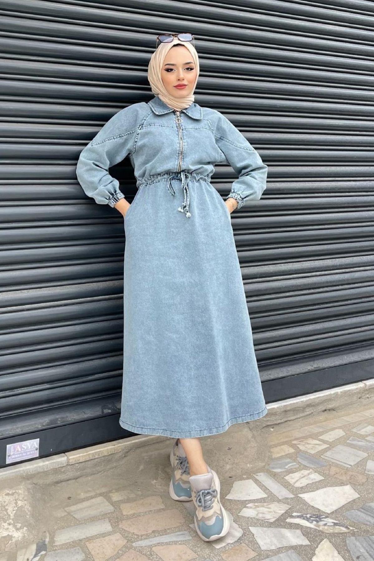 Fermuarlı Kot Elbise Buzmavi – Haza Moda | Tesettür Giyim