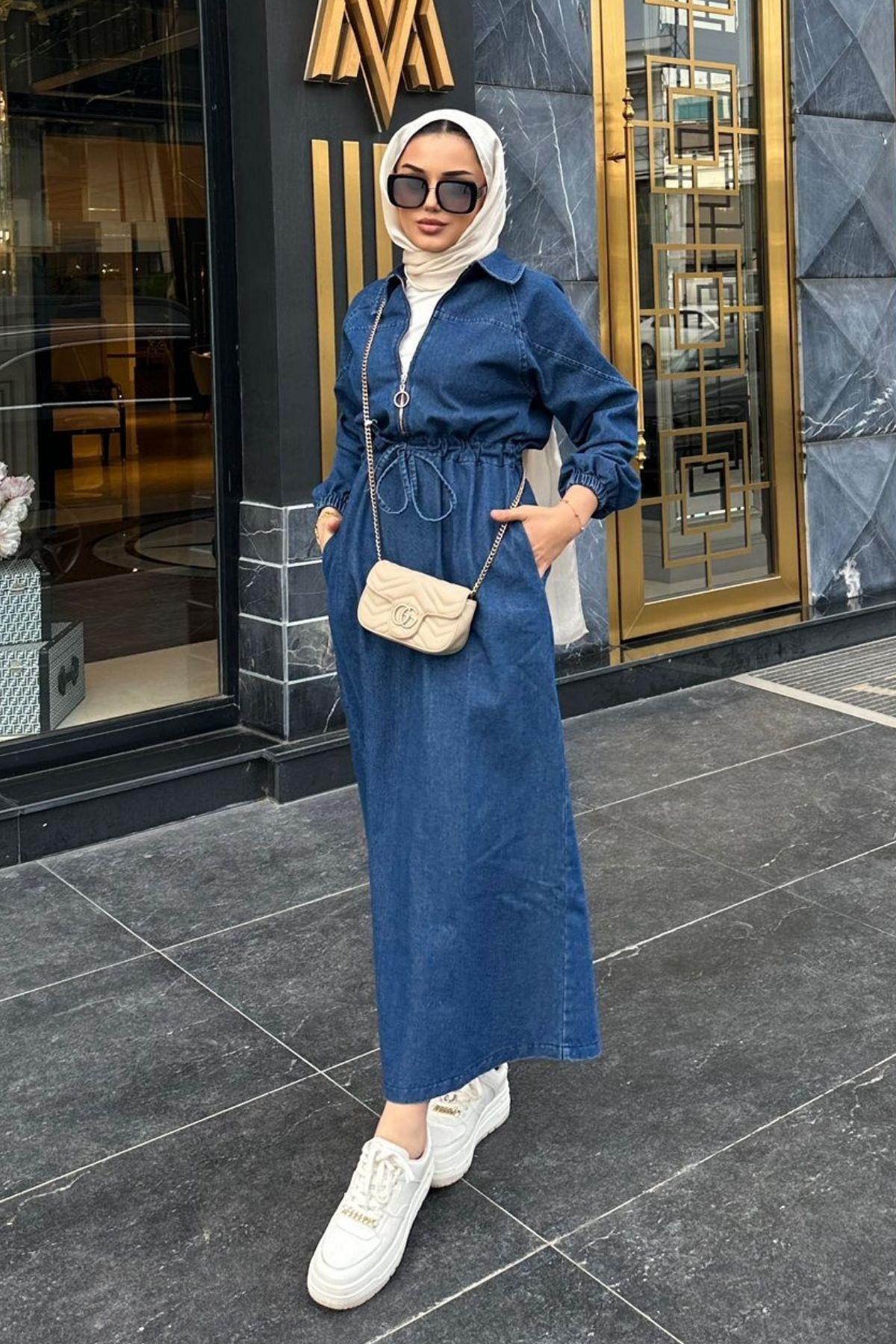 Fermuarlı Kot Elbise Mavi – Haza Moda | Tesettür Giyim