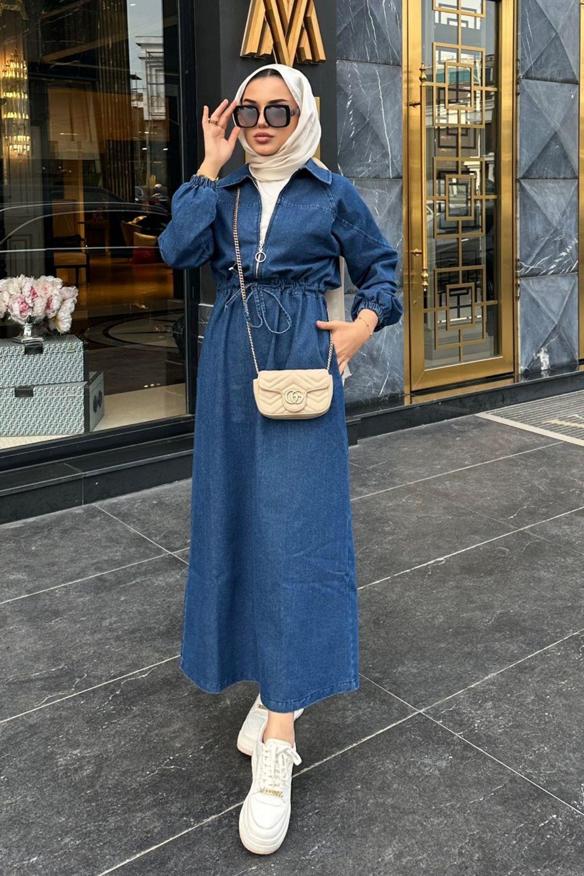 Fermuarlı Kot Elbise Mavi – Haza Moda | Tesettür Giyim