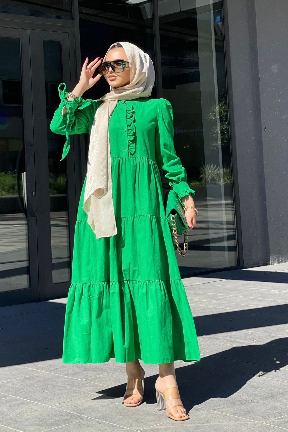Fırfırlı Cotton Elbise Yeşil – Haza Moda | Tesettür Giyim