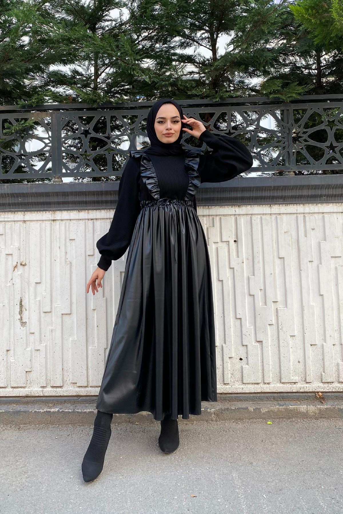 Fırfırlı Deri Elbise Siyah – Haza Moda | Tesettür Giyim