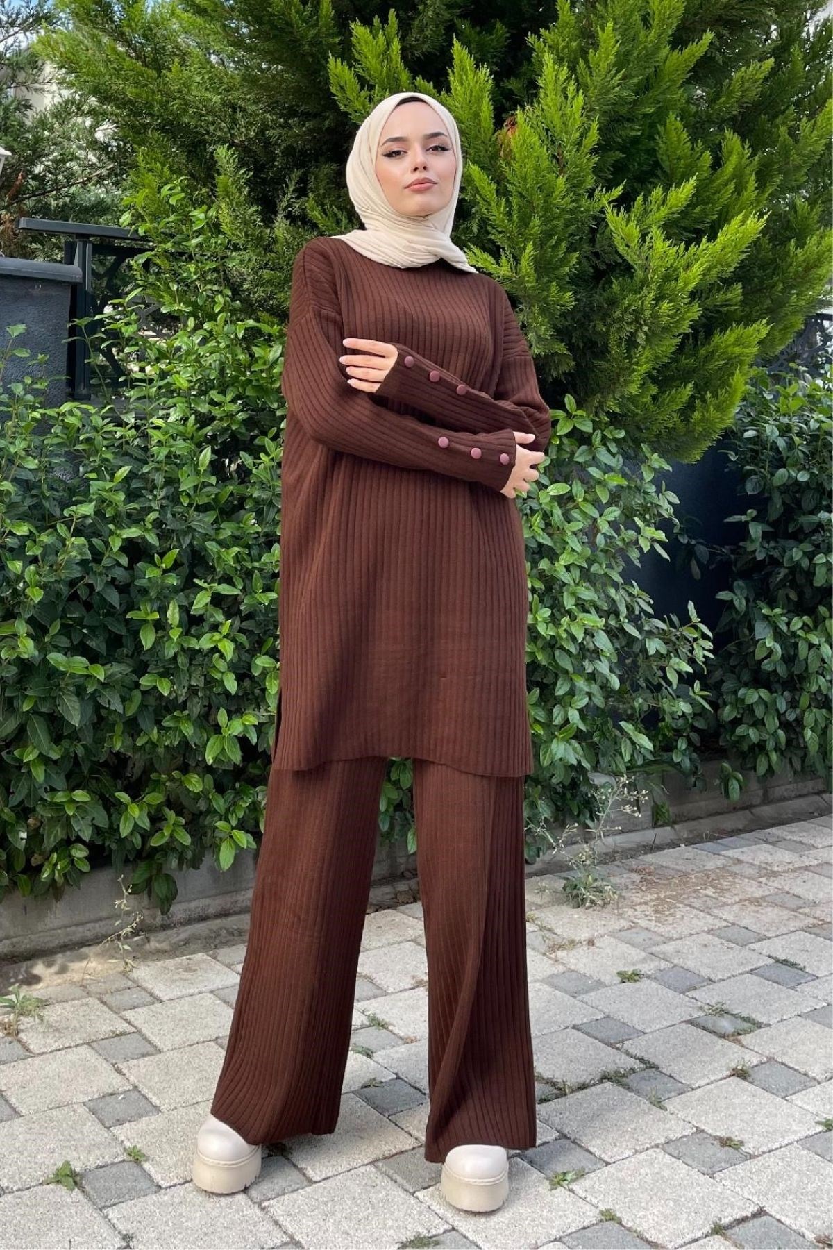 Fitilli Triko Takım Kahverengi – Haza Moda | Tesettür Giyim