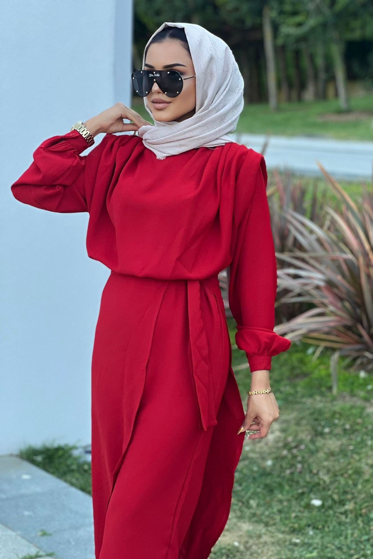 İki Parçalı Tulum Kırmızı – Haza Moda | Tesettür Giyim