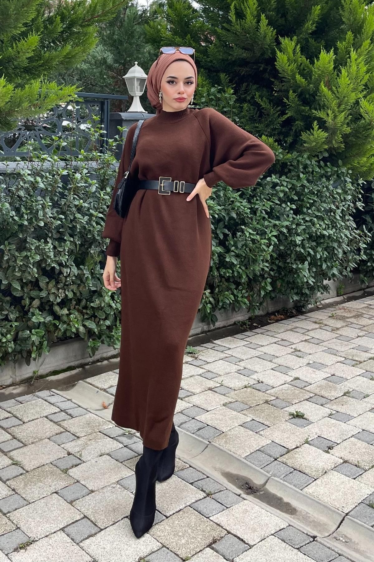 İnna Triko Elbise Kahverengi – Haza Moda | Tesettür Giyim