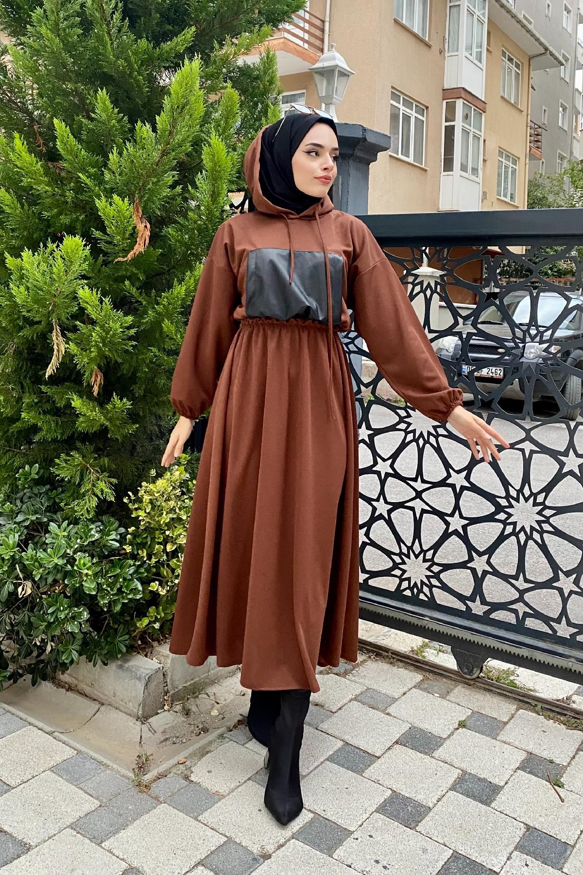 Kapişonlu Spor Elbise Kahverengi – Haza Moda | Tesettür Giyim