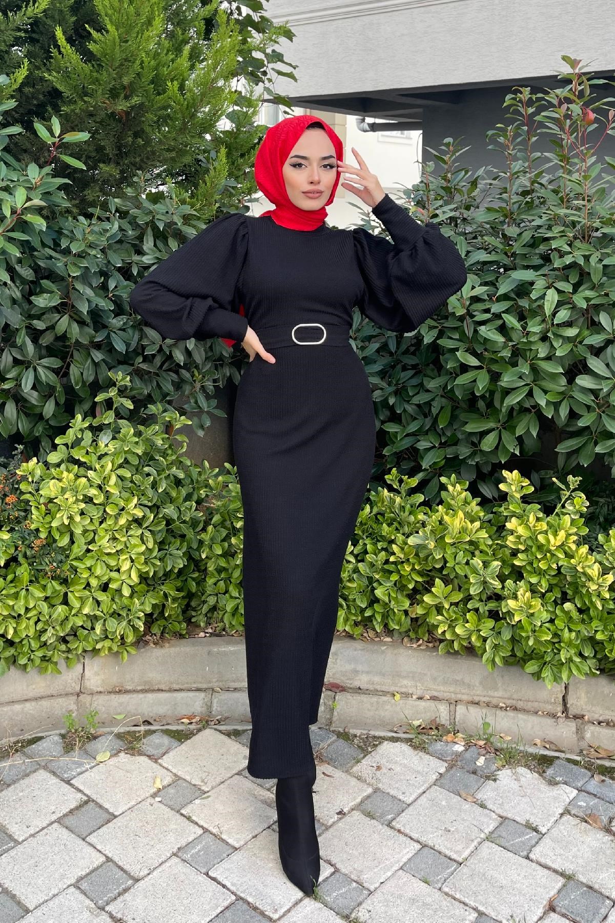 Kemerli Triko Elbise Siyah – Haza Moda | Tesettür Giyim