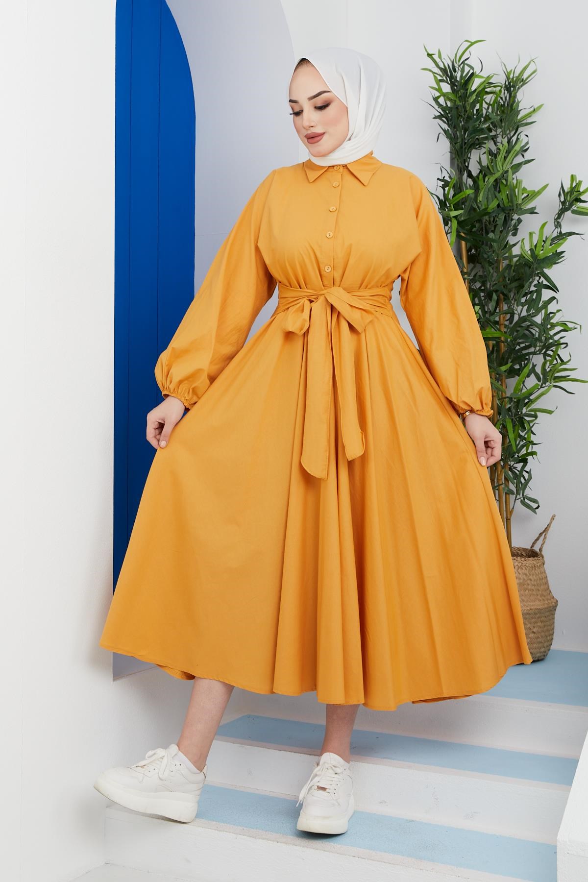 Kendinden Kemerli Cotton Elbise Sarı – Haza Moda | Tesettür Giyim
