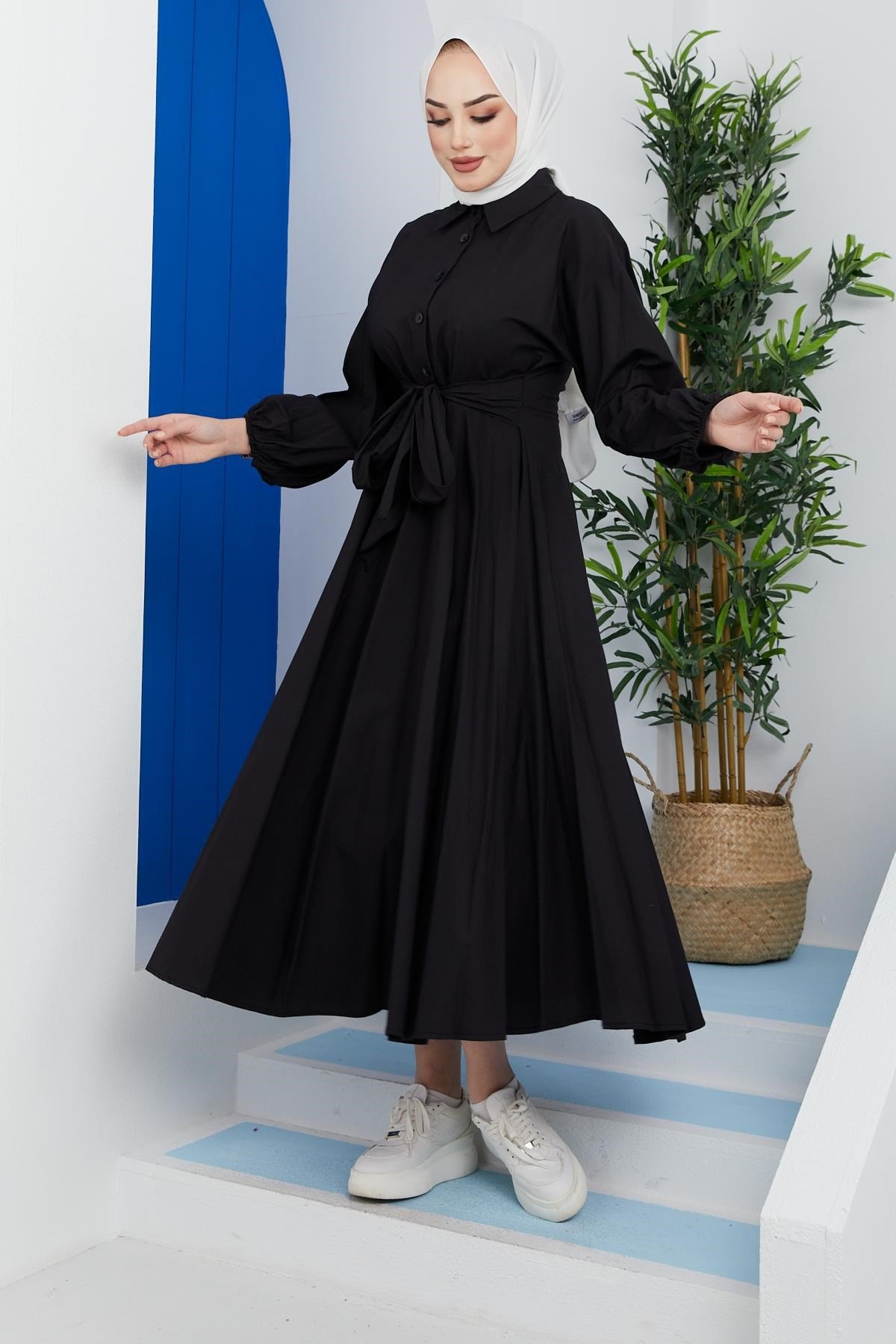 Kendinden Kemerli Cotton Elbise Siyah – Haza Moda | Tesettür Giyim