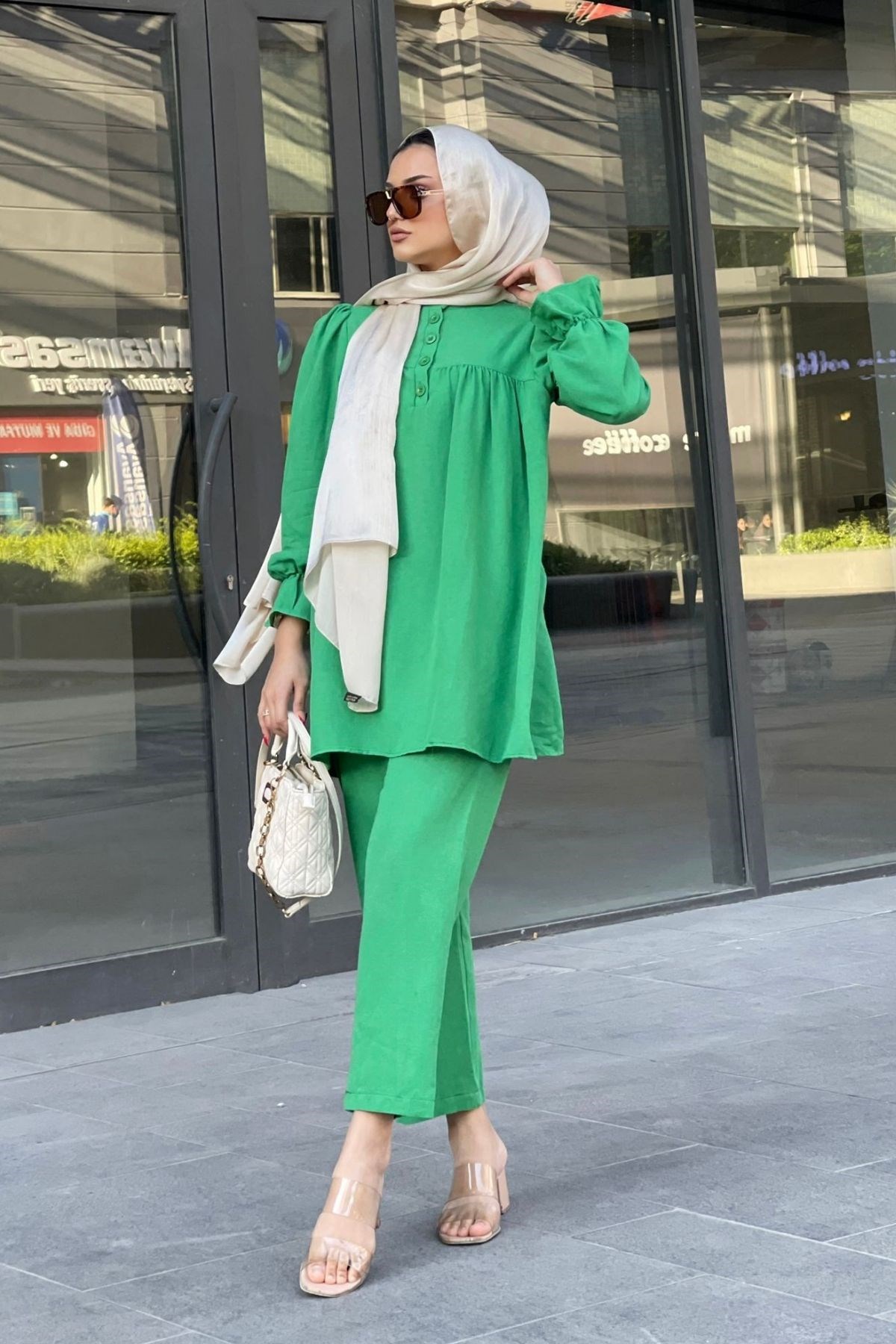 Keten Takım Yeşil – Haza Moda | Tesettür Giyim