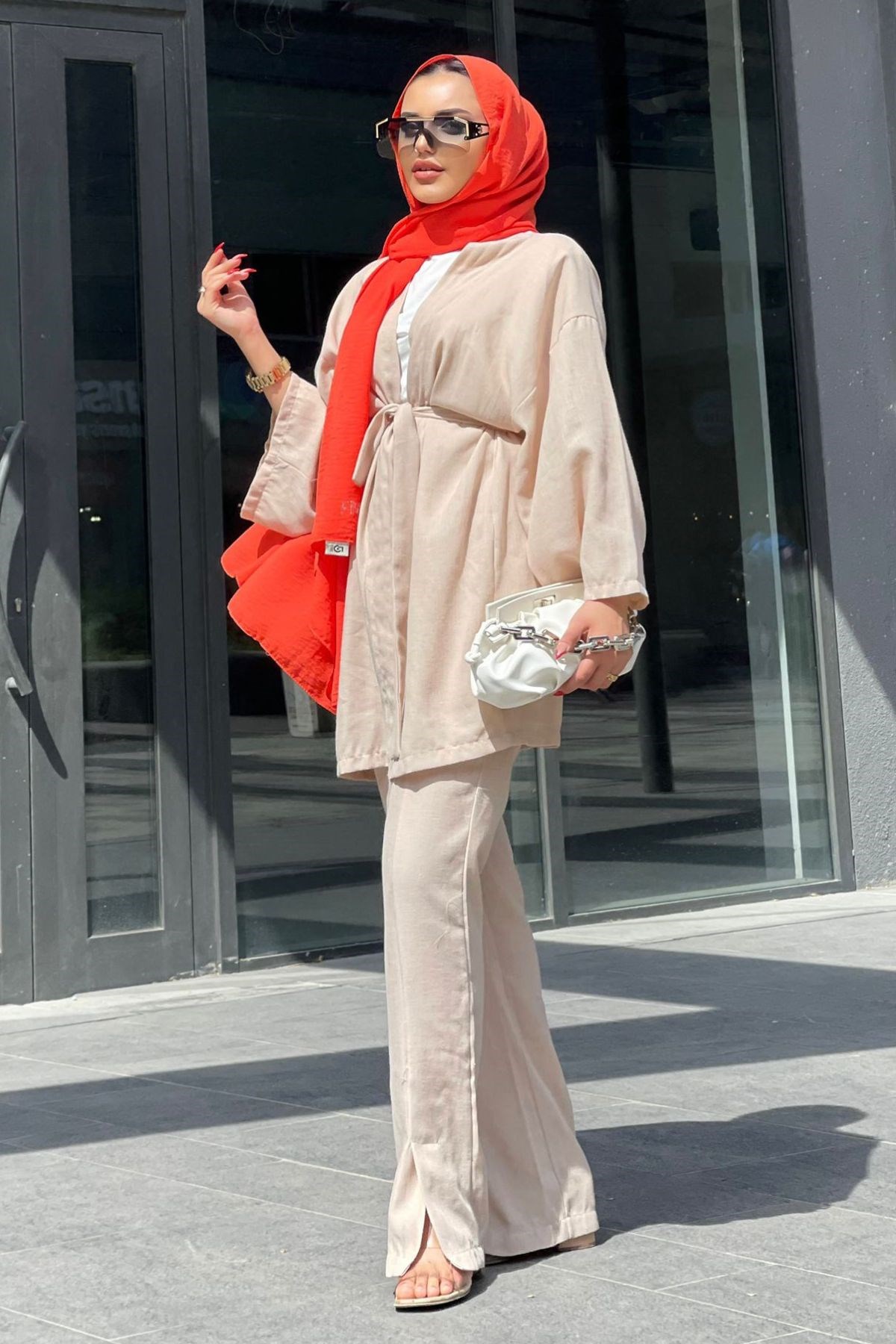 Kimono Takım Müslin Bej – Haza Moda | Tesettür Giyim