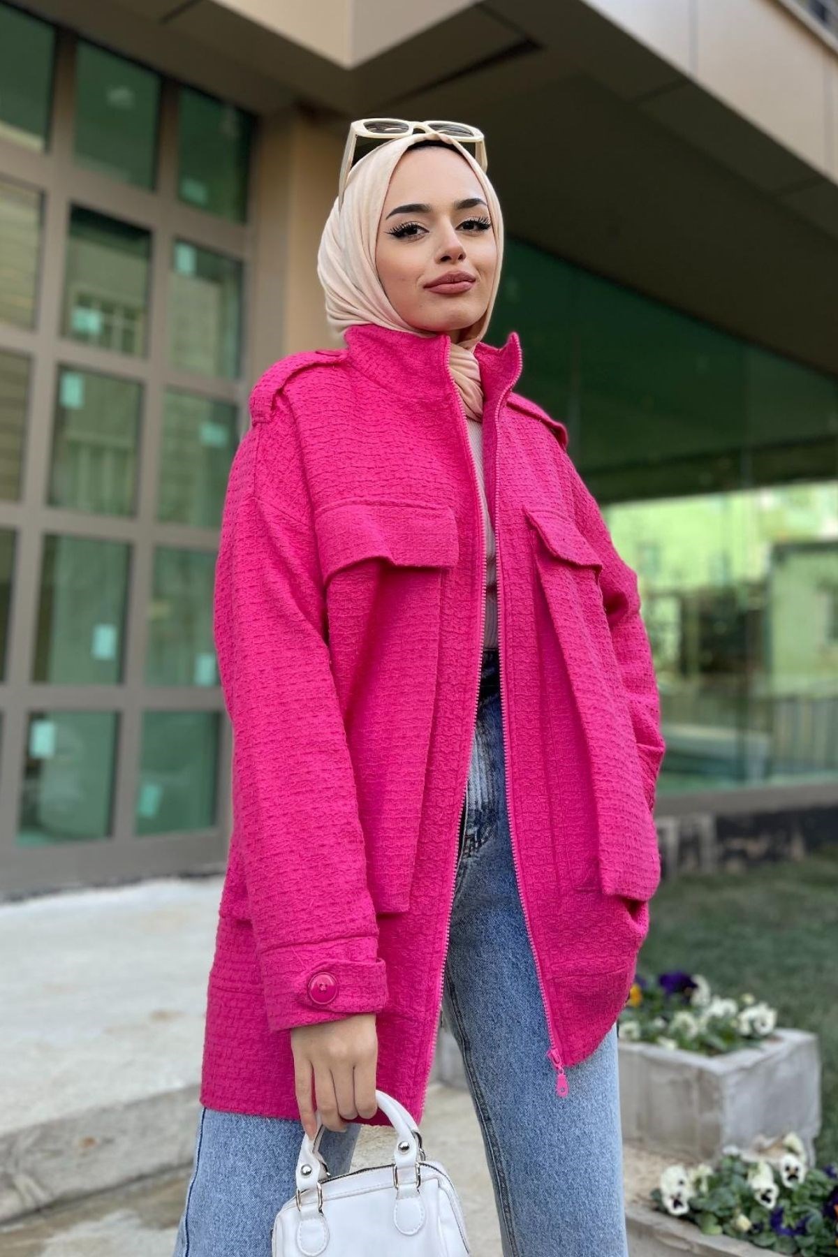 Körük Cep Tüvit Ceket Fuşya – Haza Moda | Tesettür Giyim
