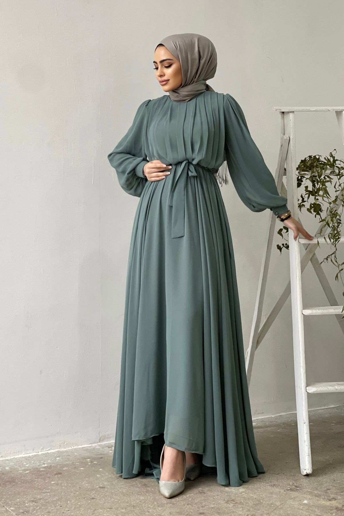 Kuyruklu Şifon Abiye Mint – Haza Moda | Tesettür Giyim