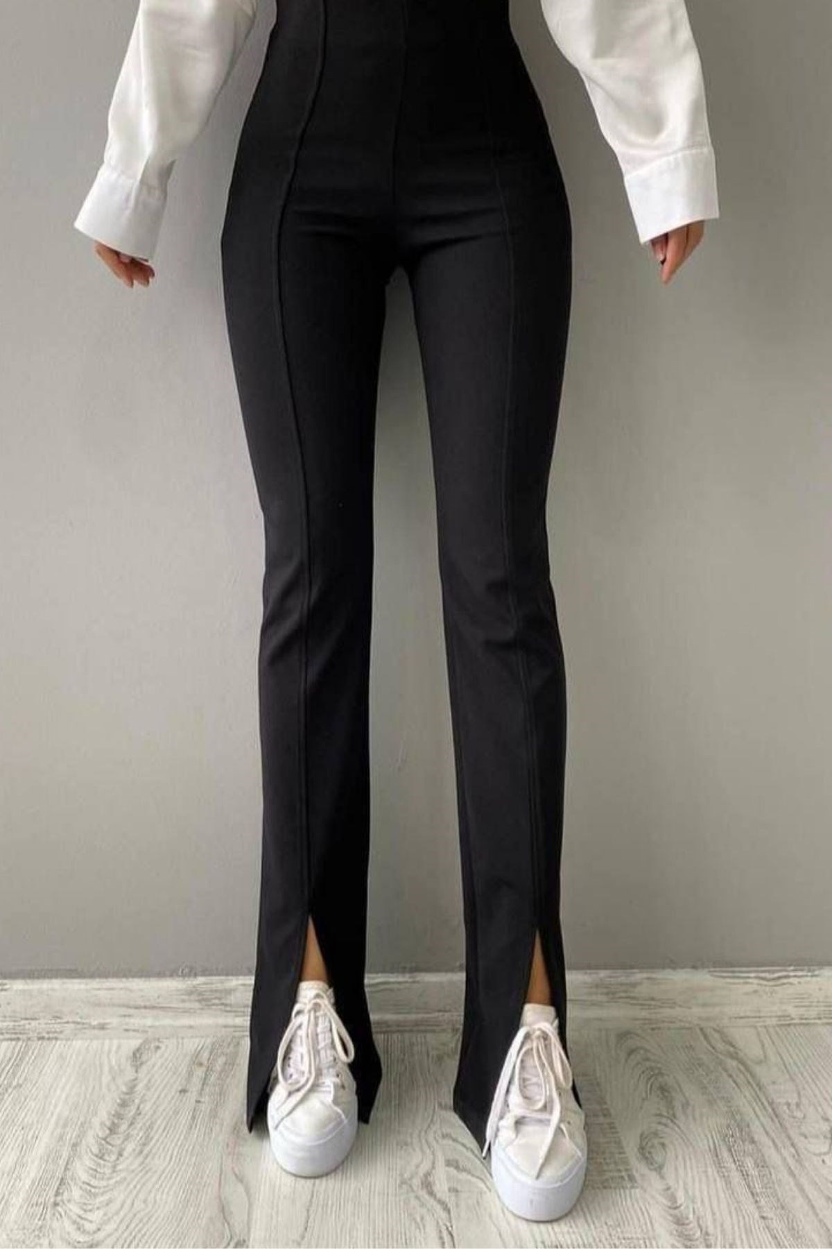 Likralı Yırtmaçlı Pantolon Siyah – Haza Moda | Tesettür Giyim