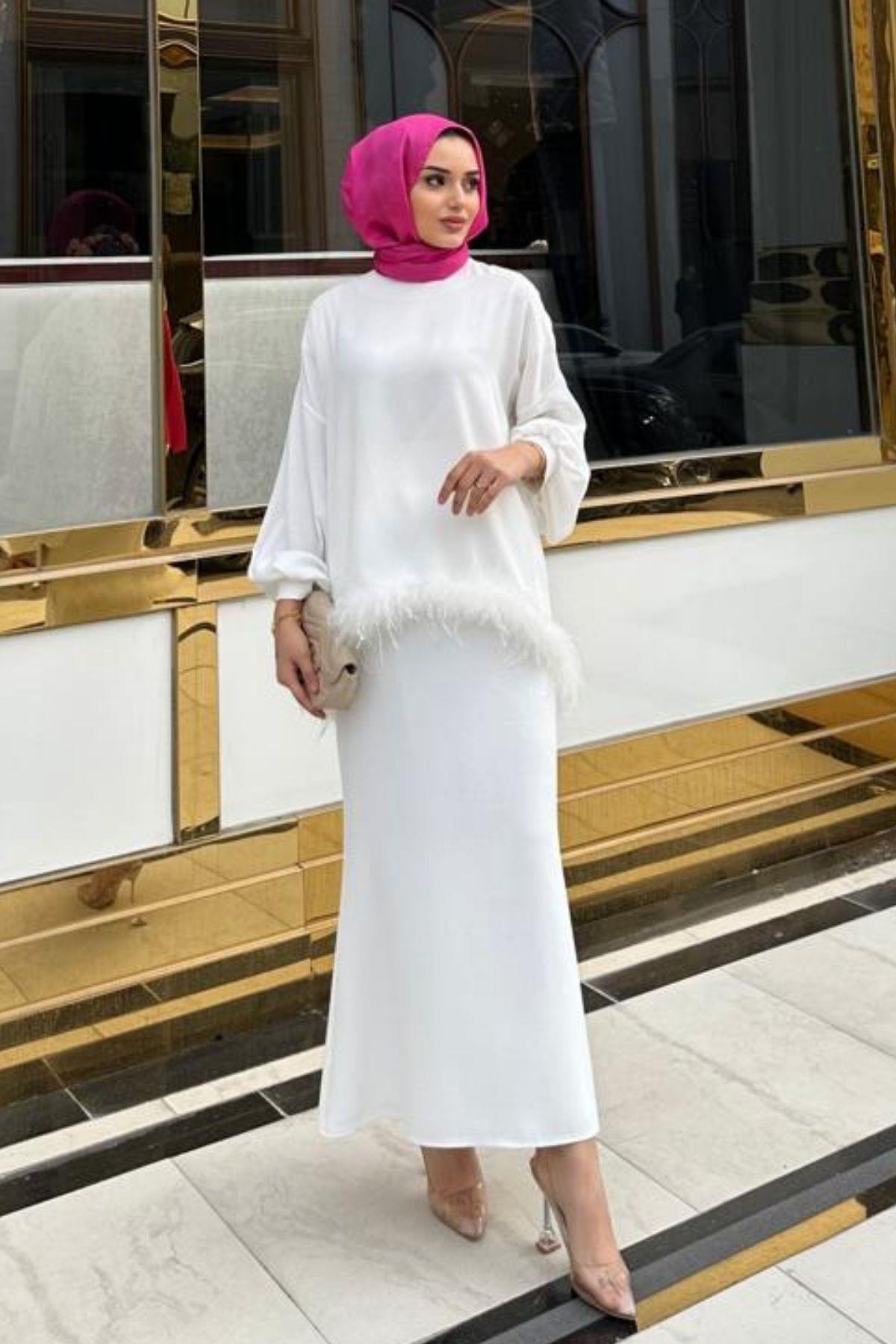 Maria Tüylü Etekli Takım Beyaz – Haza Moda | Tesettür Giyim
