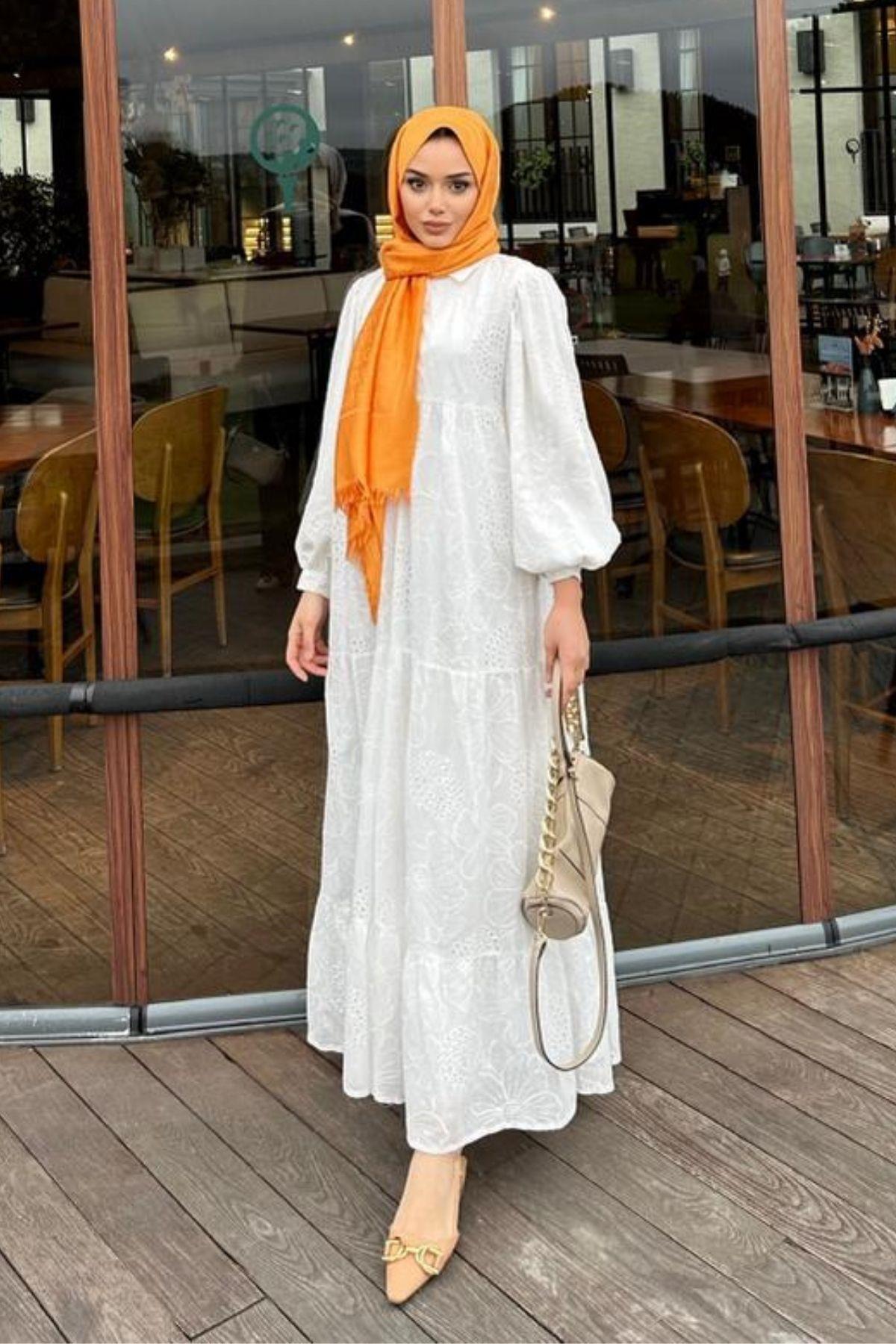 Papatya Fisto Elbise Beyaz – Haza Moda | Tesettür Giyim