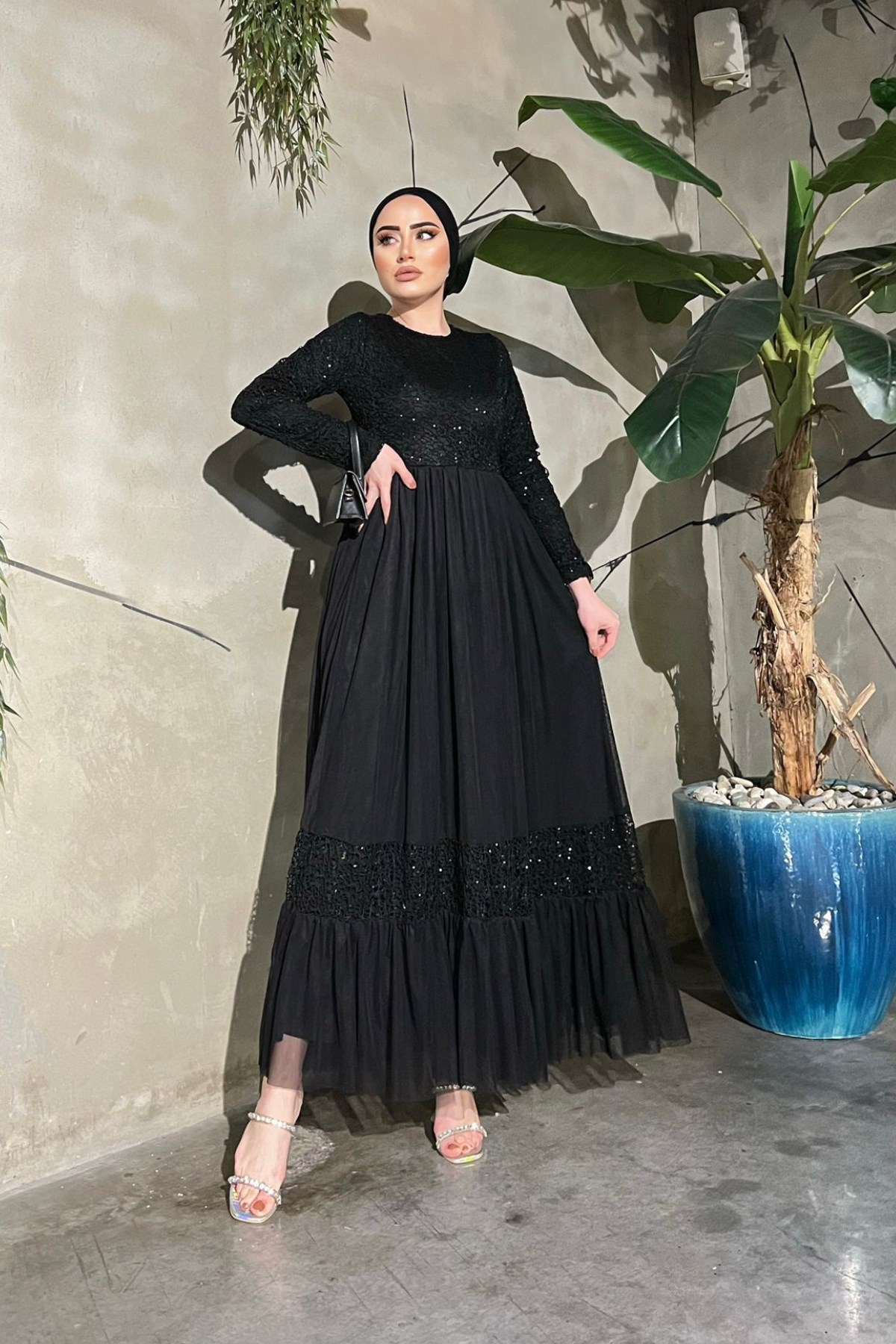 Payet Şeritli Tül Abiye Elbise Siyah – Haza Moda | Tesettür Giyim