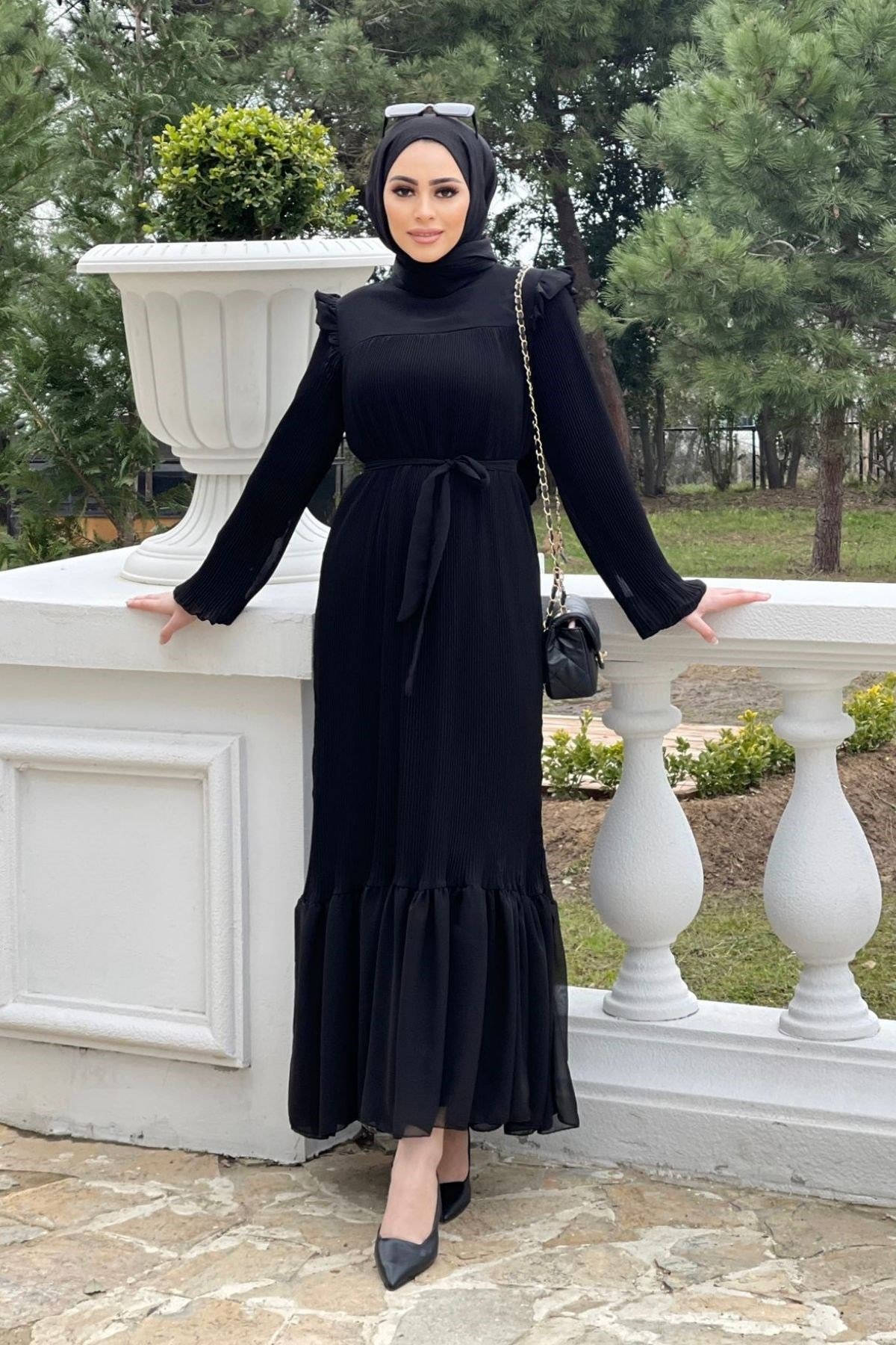 Piliseli Şifon Elbise Siyah – Haza Moda | Tesettür Giyim