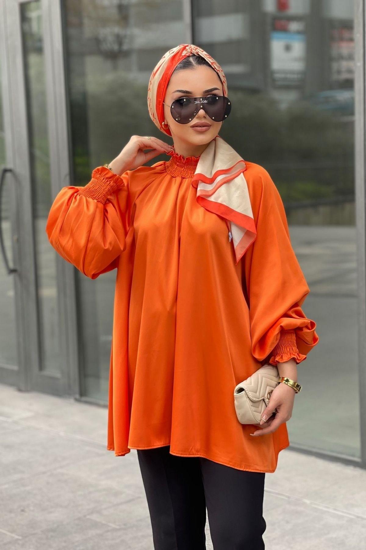 Saten Tasarım Gömlek Oranj – Haza Moda | Tesettür Giyim