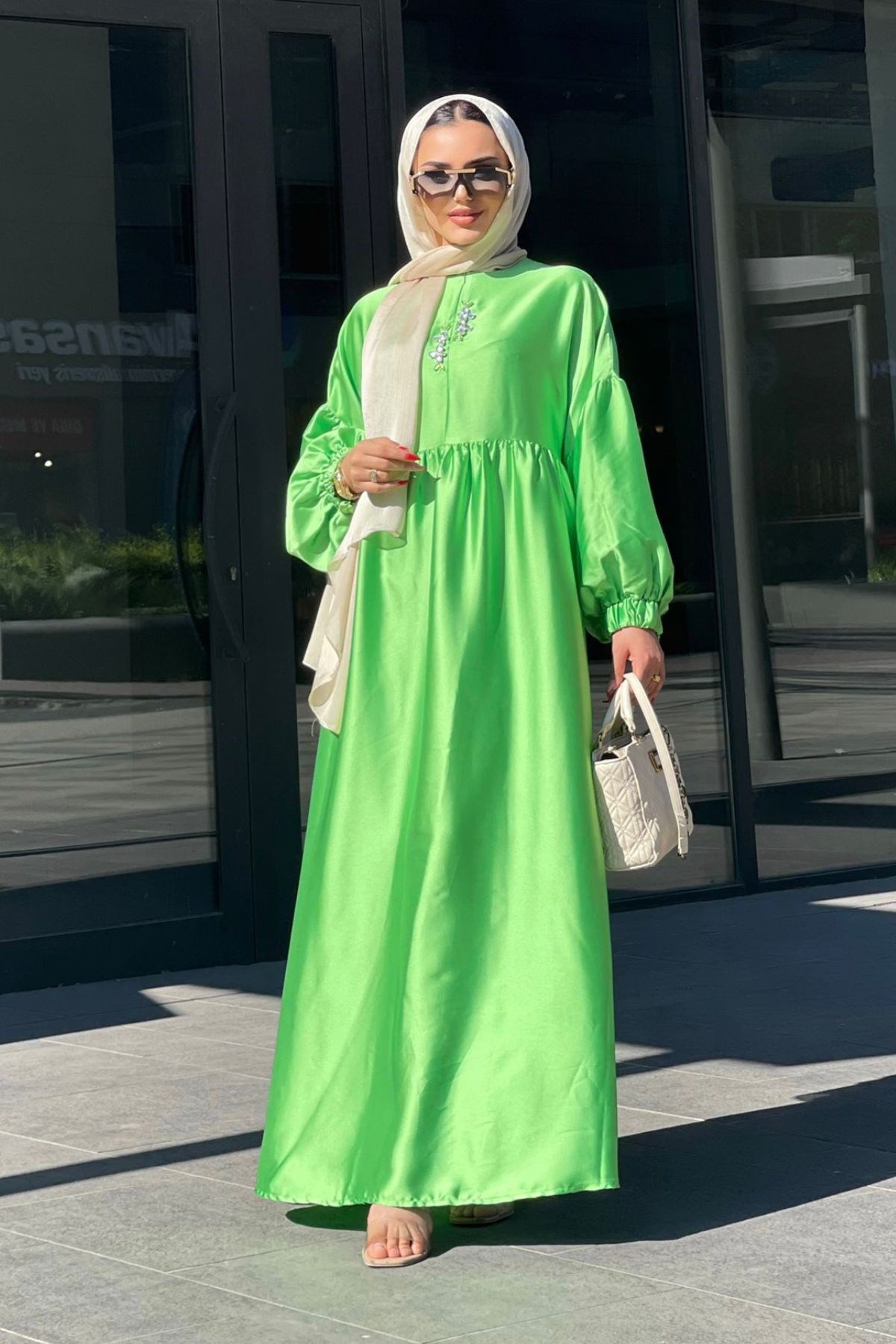 Saten Taşlı Elbise Yeşil – Haza Moda | Tesettür Giyim