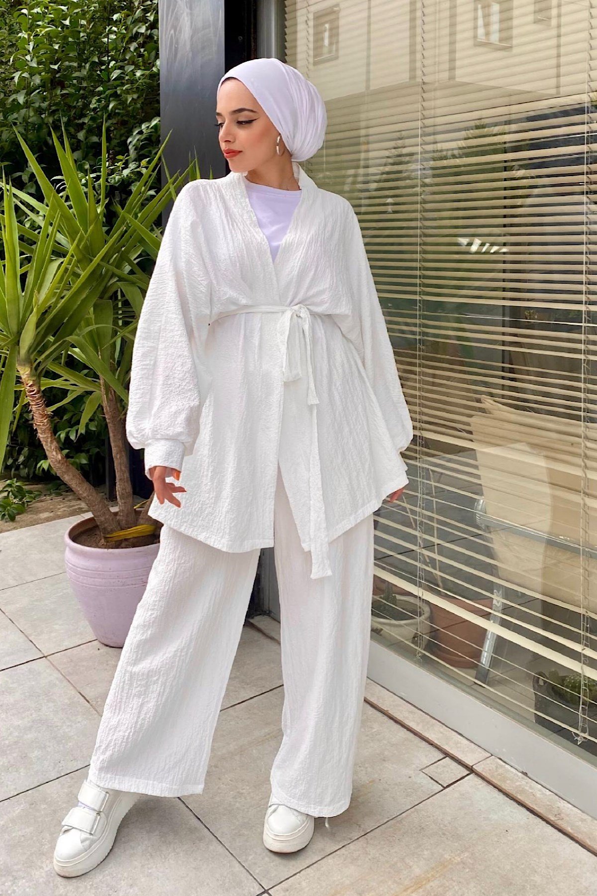 Taba Kimono Takım Beyaz – Haza Moda | Tesettür Giyim