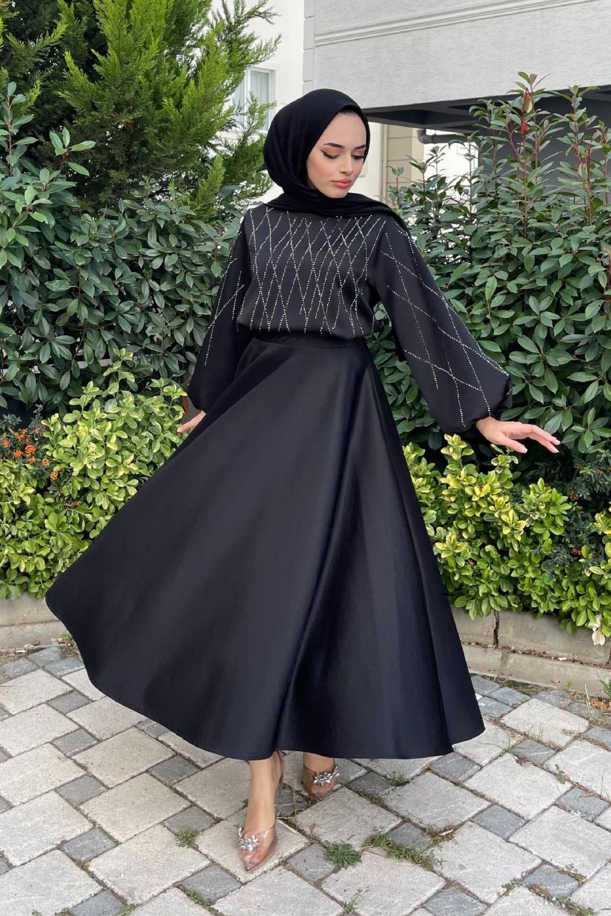 Taşlı Etekli Scuba Takım Siyah – Haza Moda | Tesettür Giyim
