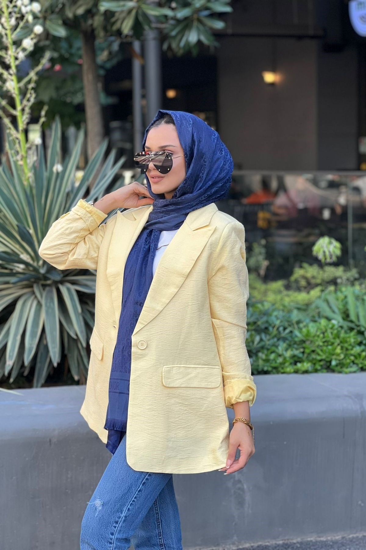 Tek Düğme Blazer Ceket Sarı – Haza Moda | Tesettür Giyim