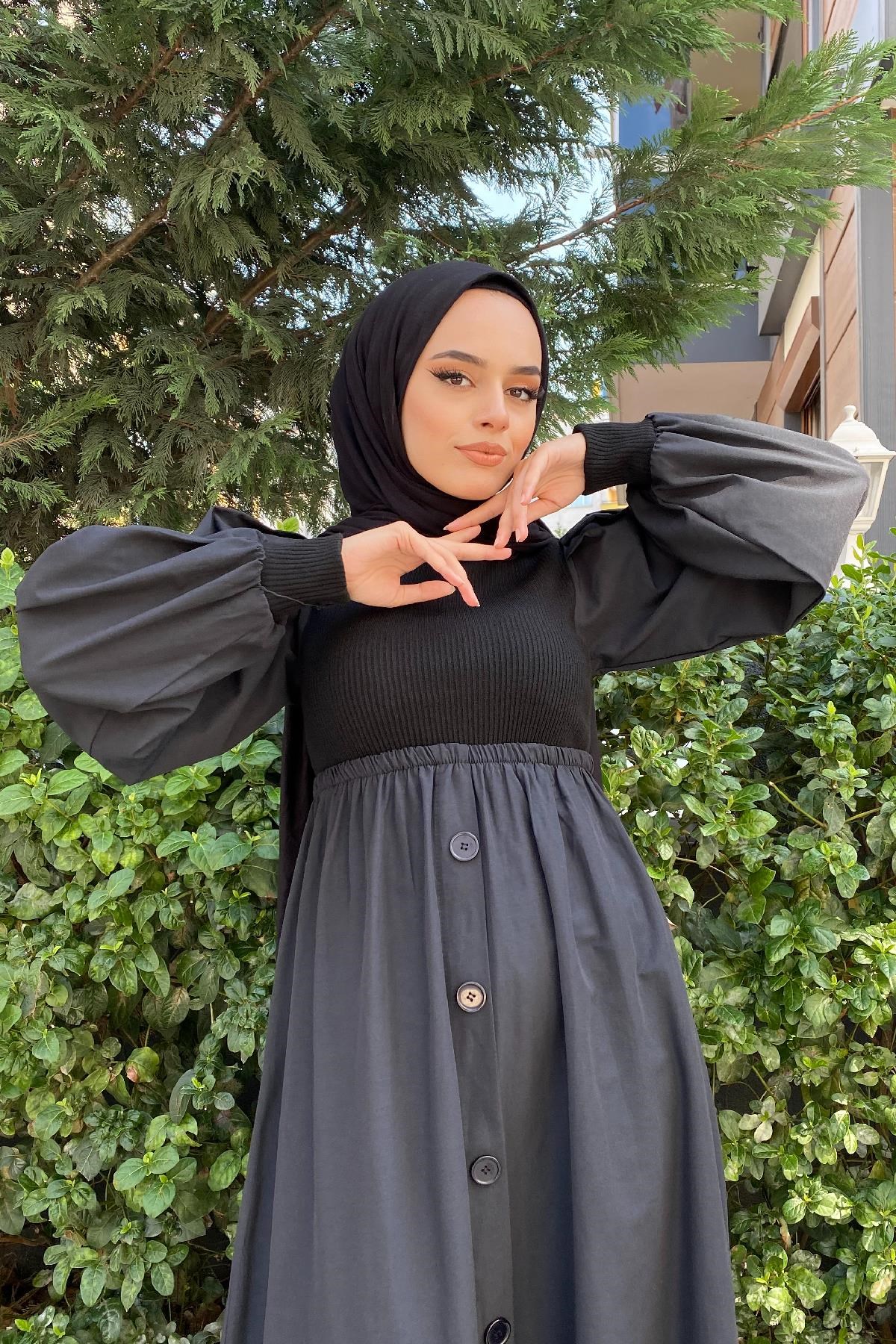 Triko Düğmeli Cotton Elbise Siyah – Haza Moda | Tesettür Giyim