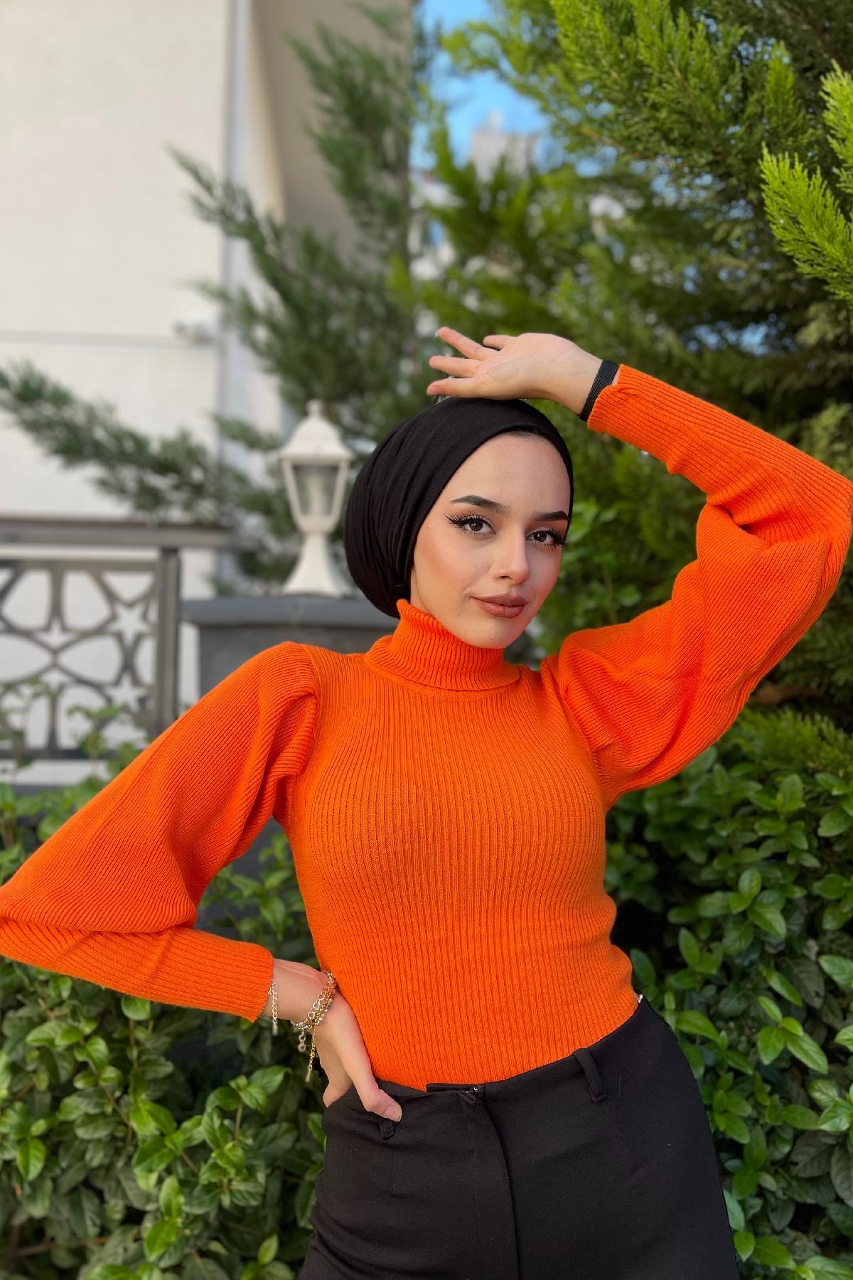 Triko Kazak Balon Kol Turuncu – Haza Moda | Tesettür Giyim