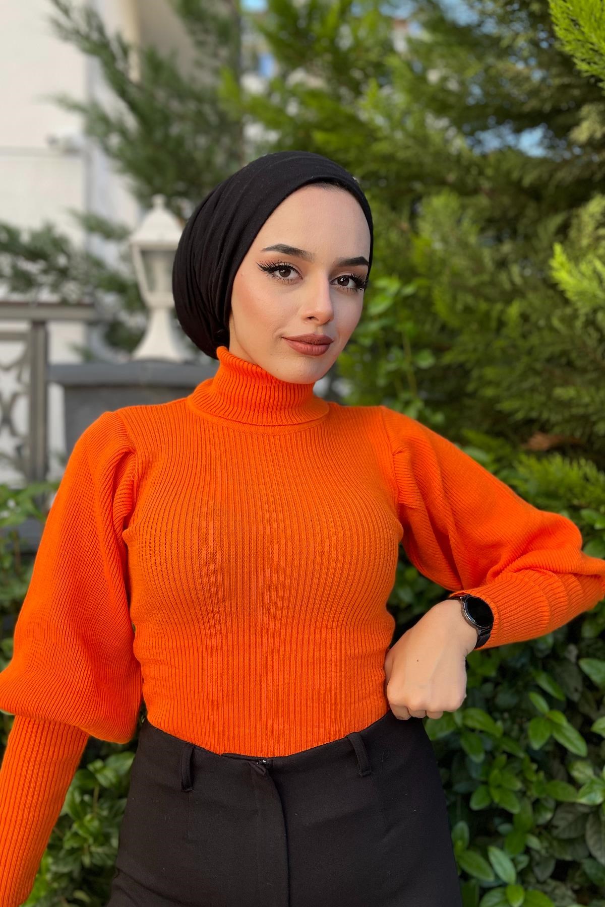 Triko Kazak Balon Kol Turuncu – Haza Moda | Tesettür Giyim