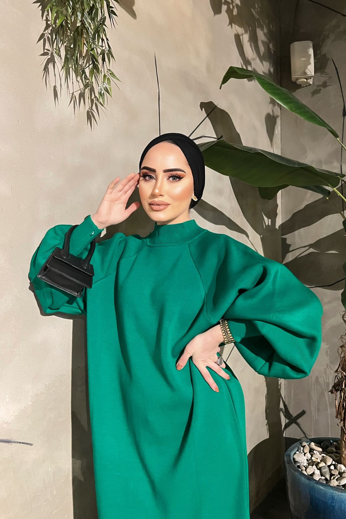 Triko Örme Uzun Elbise Yeşil – Haza Moda | Tesettür Giyim