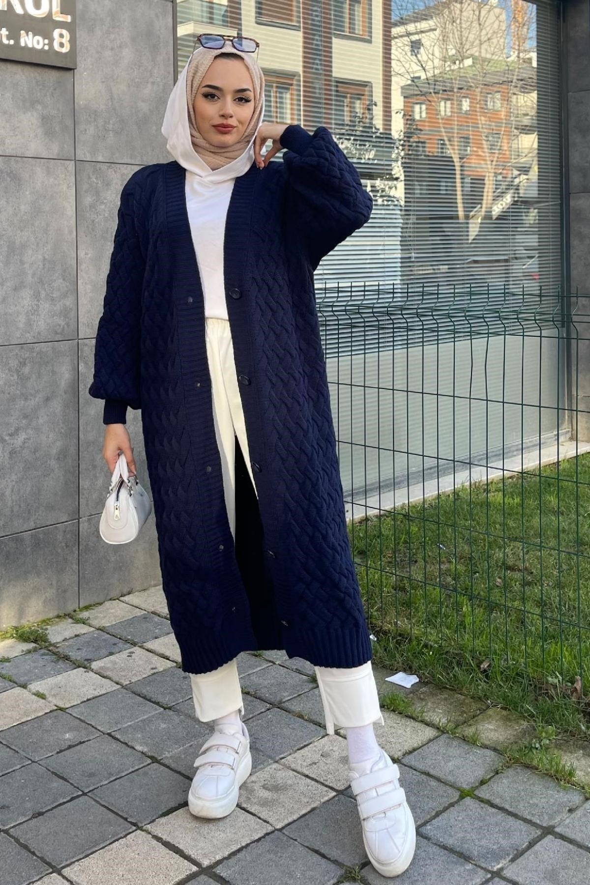Uzun Örme Hırka Lacivert – Haza Moda | Tesettür Giyim