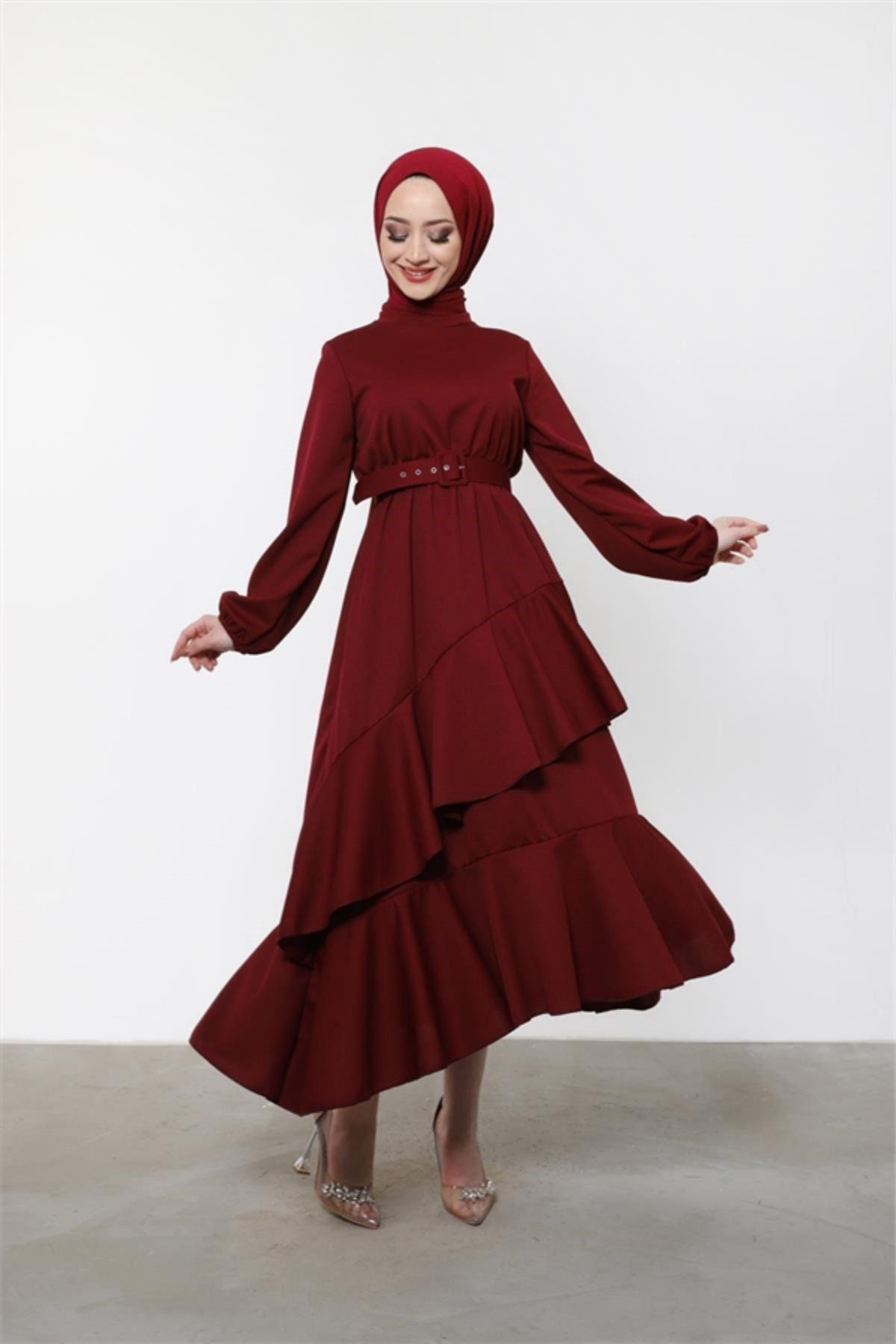 Volanlı Fırfır Elbise Bordo – Haza Moda | Tesettür Giyim