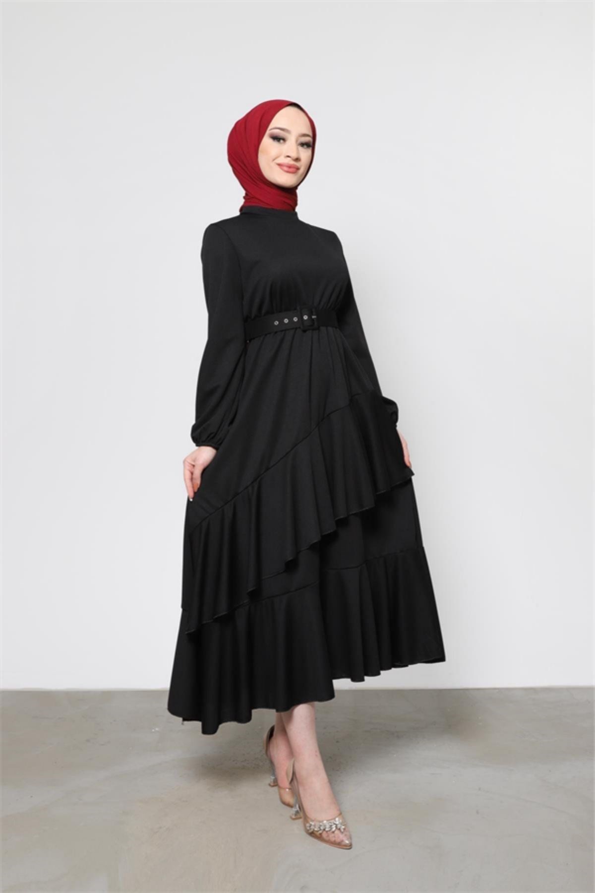 Volanlı Fırfır Elbise Siyah – Haza Moda | Tesettür Giyim