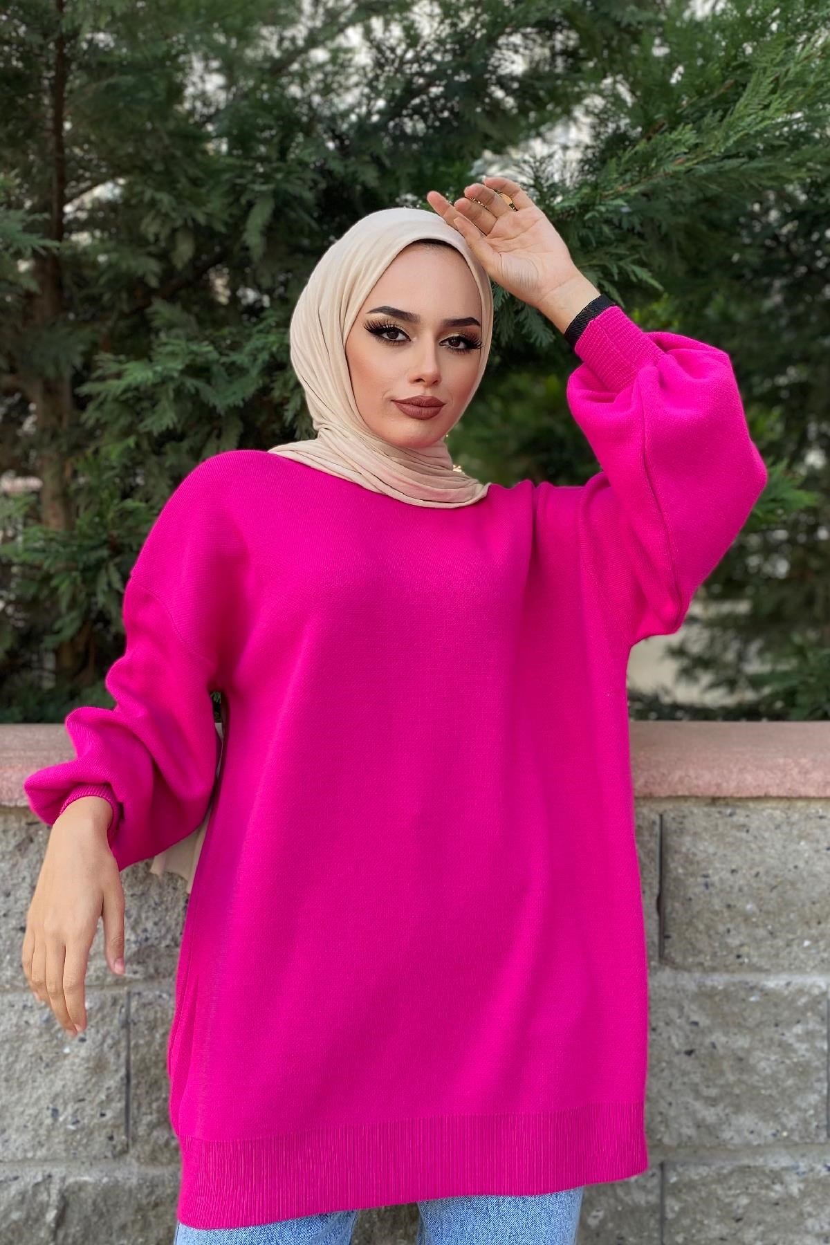 Yarım Boğazlı Triko Kazak Pembe – Haza Moda | Tesettür Giyim