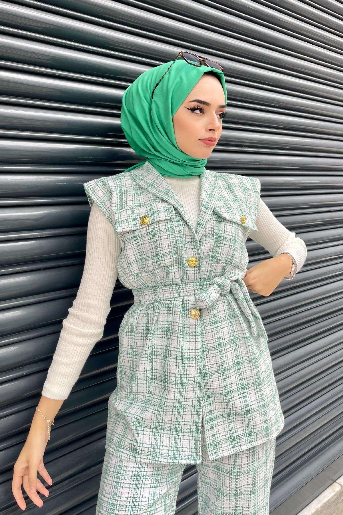 Yelekli Tüvit Takım Yeşil – Haza Moda | Tesettür Giyim