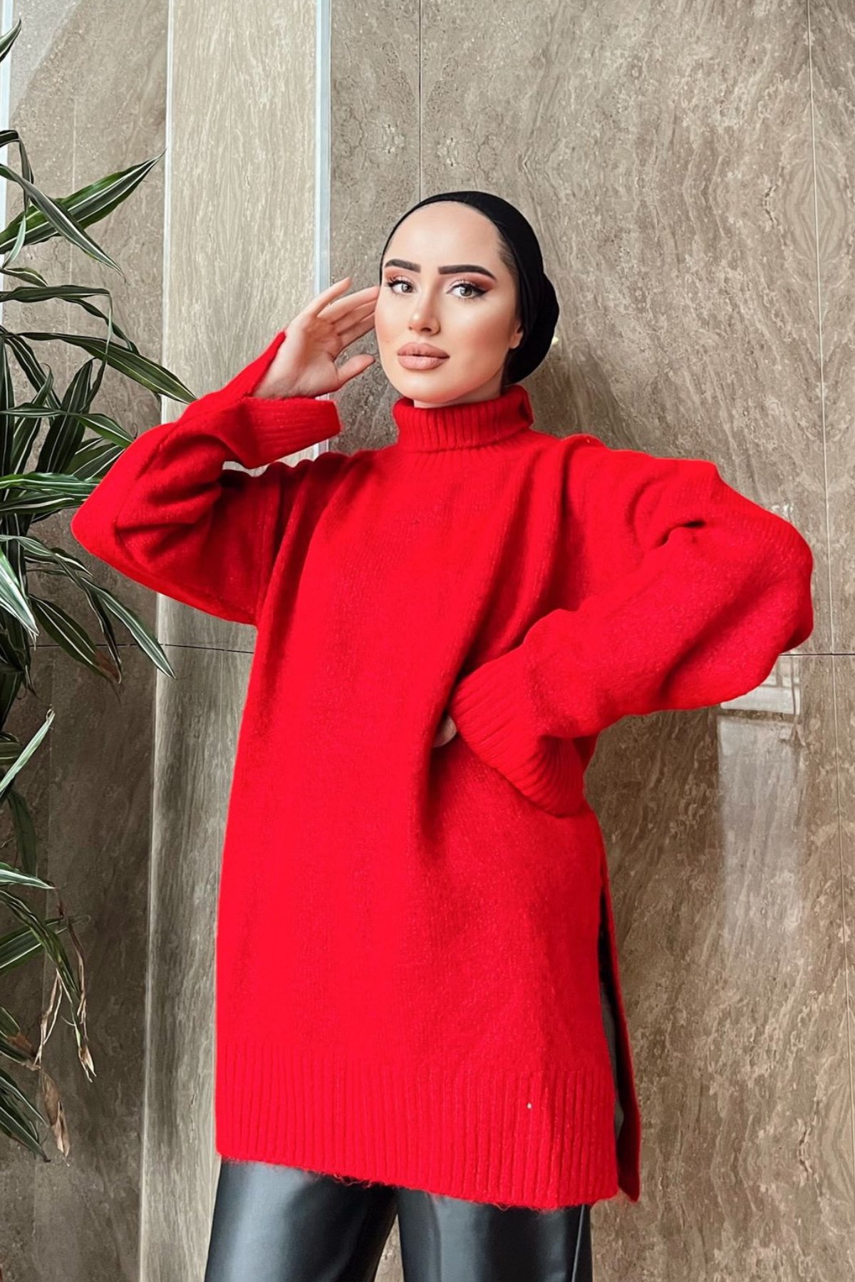 Yırtmaçlı Yumoş Kazak Kırmızı – Haza Moda | Tesettür Giyim