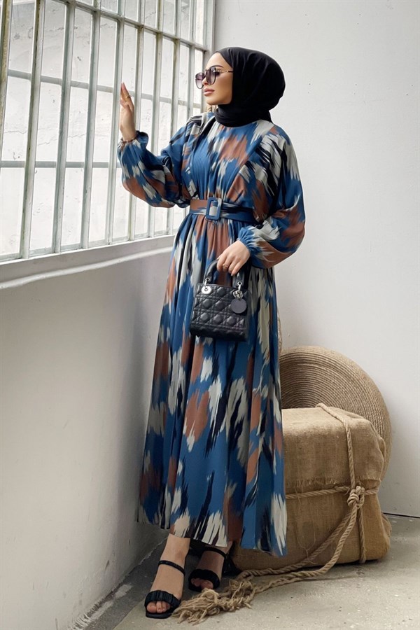 Kemerli Fırça Desen Elbise Mavi – Haza Moda | Tesettür Giyim