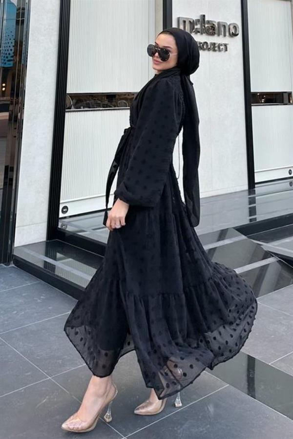 Puantiyeli Elbise Siyah – Haza Moda | Tesettür Giyim